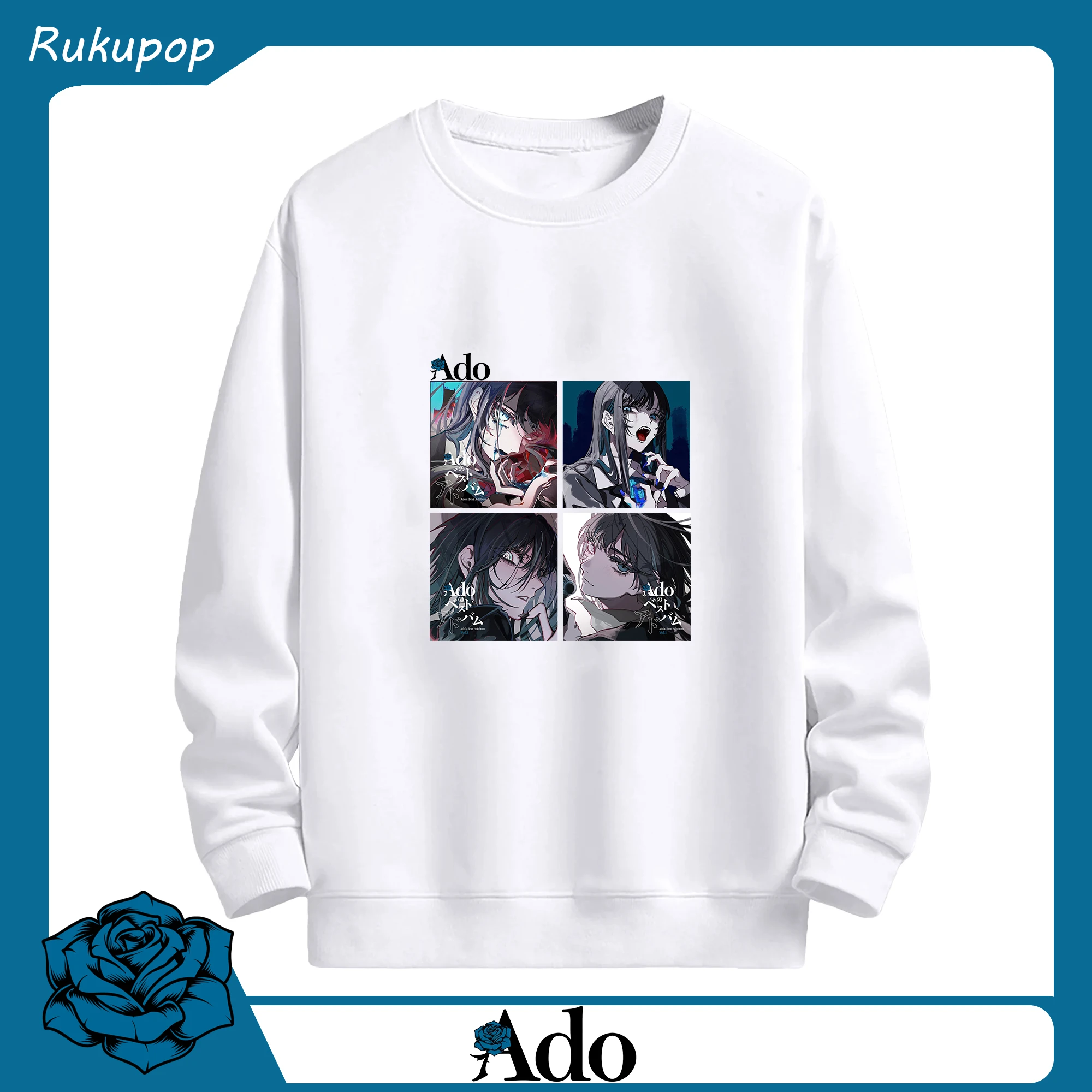 AdoアドAdoのコラージュデザイン - 高品質 クルーネック スウェット ・ コットン59％ ポリエステル41％ ・ ユニセックス 長袖 トレーナー ・ カジュアル デイリー スポーツ 散歩用