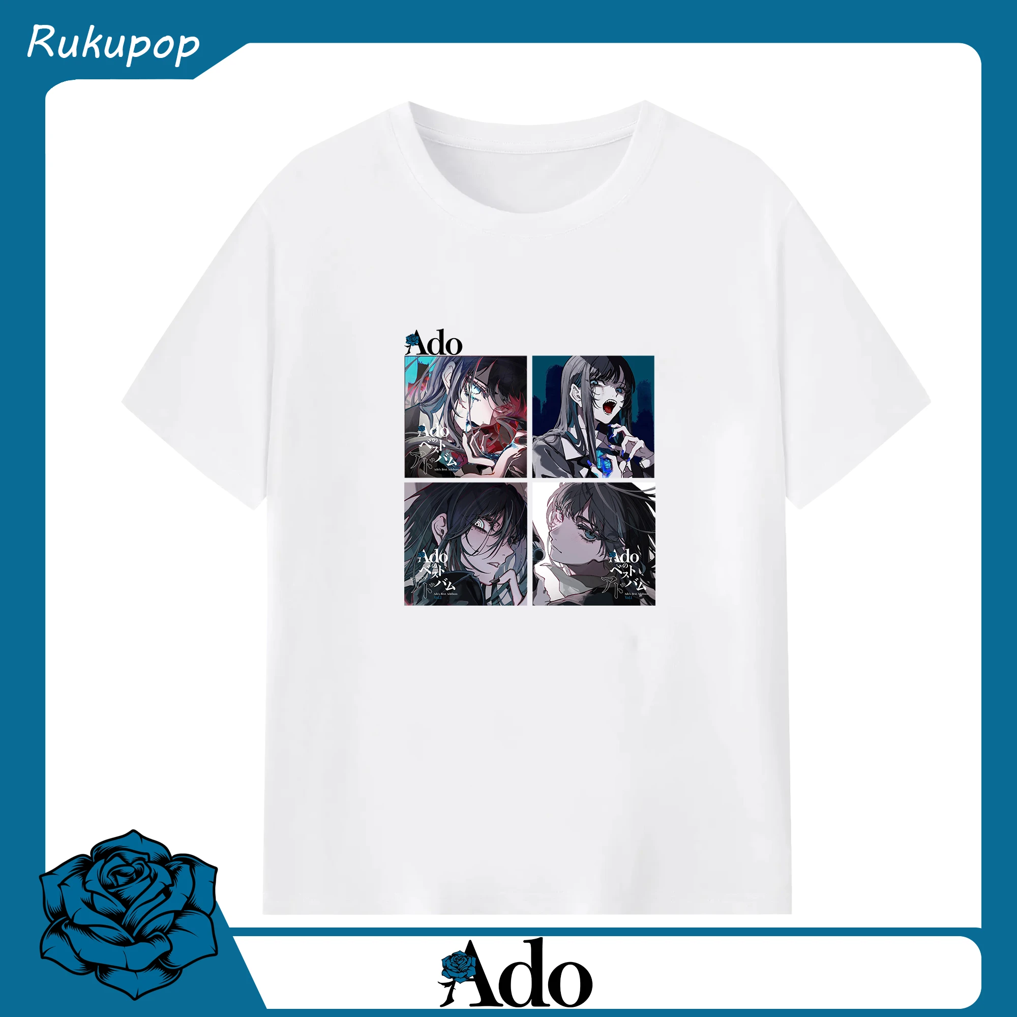 AdoアドAdoのコラージュデザイン - 綿100％ 半袖Tシャツ ・ フロントプリント ・ 快適 通気性 ・ 日常使い 散歩 スポーツ用