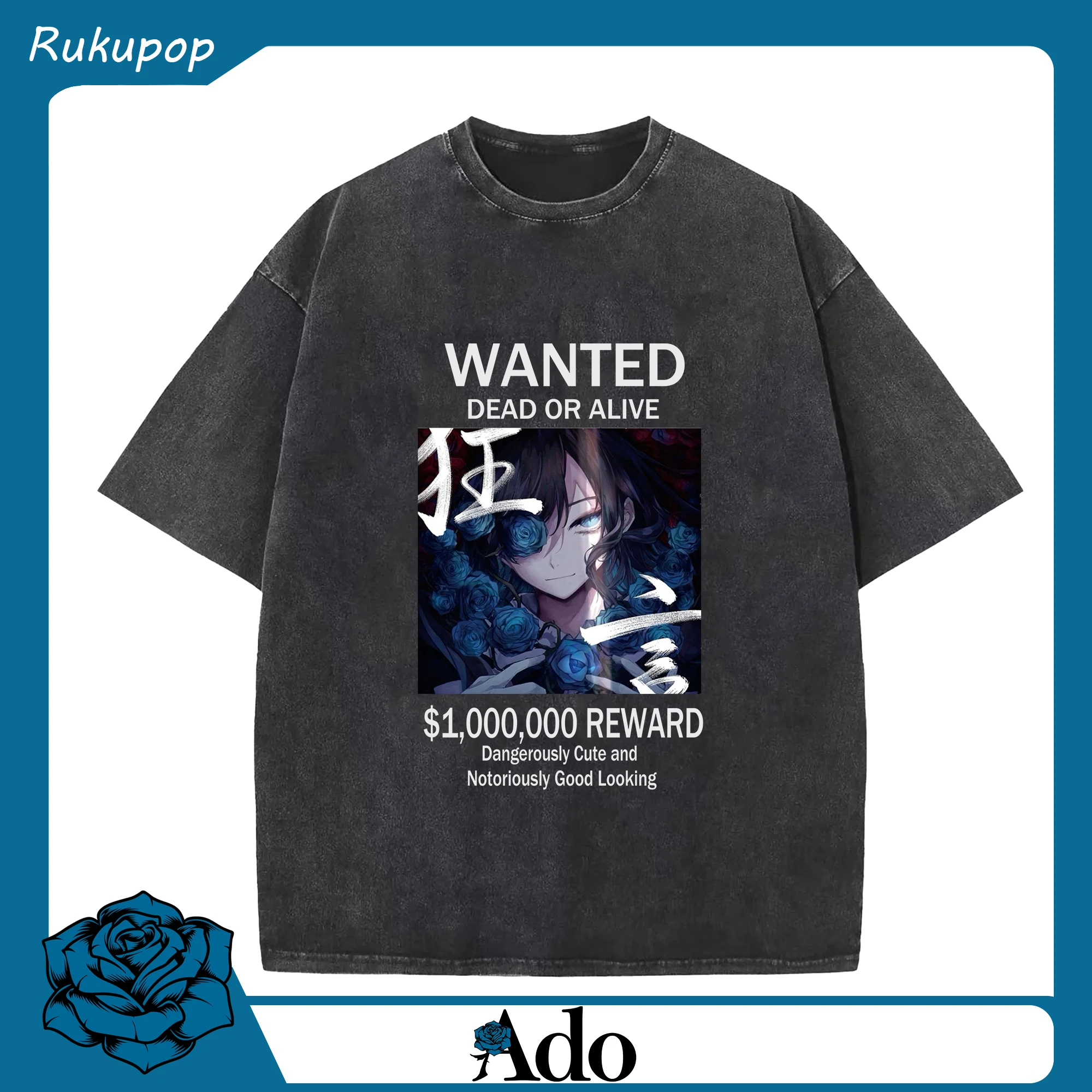 Ado（アド）話題のAdo「狂言」Ado×ワンピース - 綿100％ ヴィンテージ風 半袖Tシャツ ・ フロントプリント ・ 柔らか肌触り ・ 通気性 快適 ・ スポーツ カジュアル 外出用