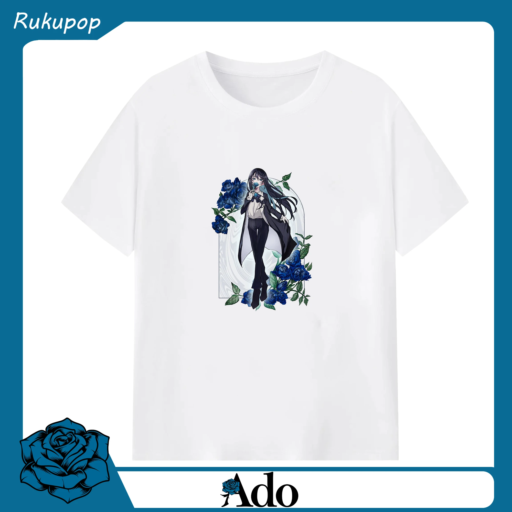 Adoアド咲き誇る青いバラ - 綿100％ 半袖Tシャツ ・ フロントプリント ・ 快適 通気性 ・ 日常使い 散歩 スポーツ用