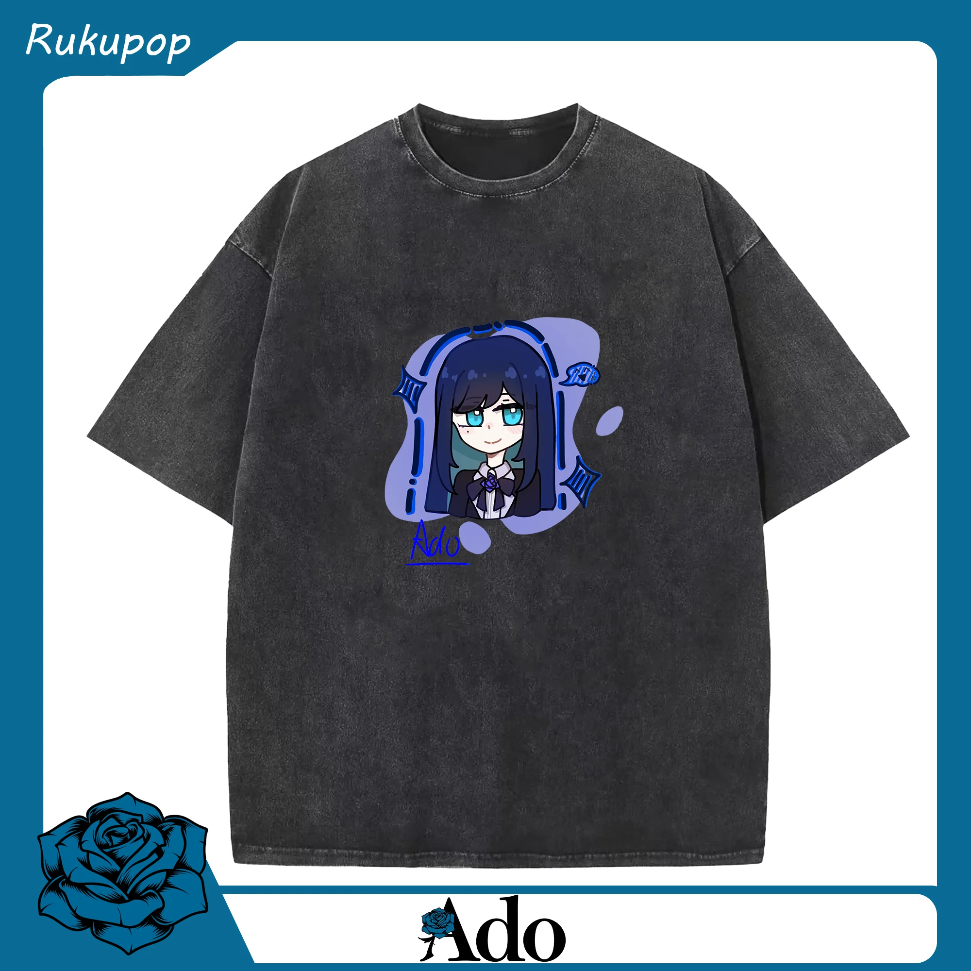 Adoアドアニメ風美少女デザイン - 綿100％ ヴィンテージ風 半袖Tシャツ ・ フロントプリント ・ 柔らか肌触り ・ 通気性 快適 ・ スポーツ カジュアル 外出用