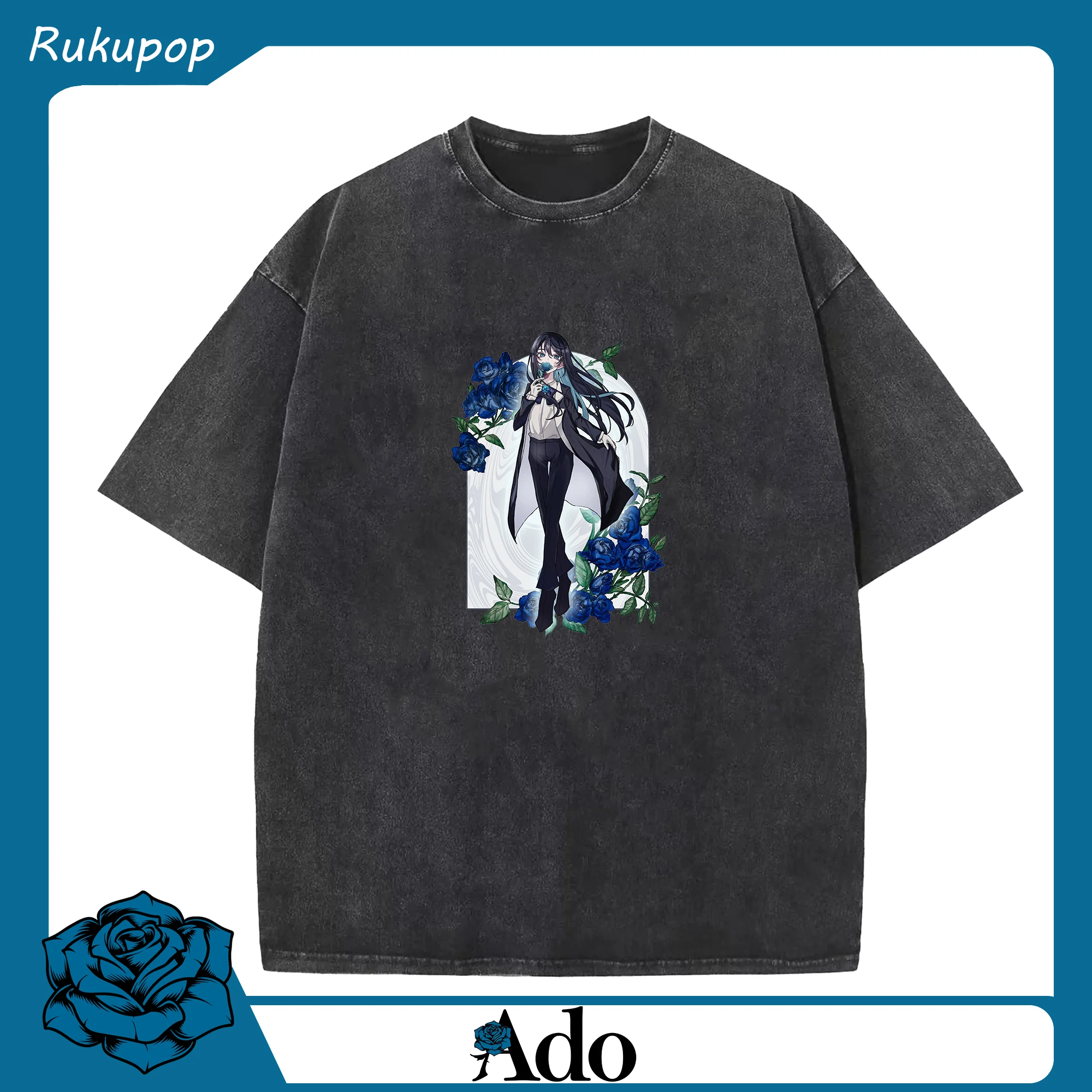 Adoアド咲き誇る青いバラ - 綿100％ ヴィンテージ風 半袖Tシャツ ・ フロントプリント ・ 柔らか肌触り ・ 通気性 快適 ・ スポーツ カジュアル 外出用