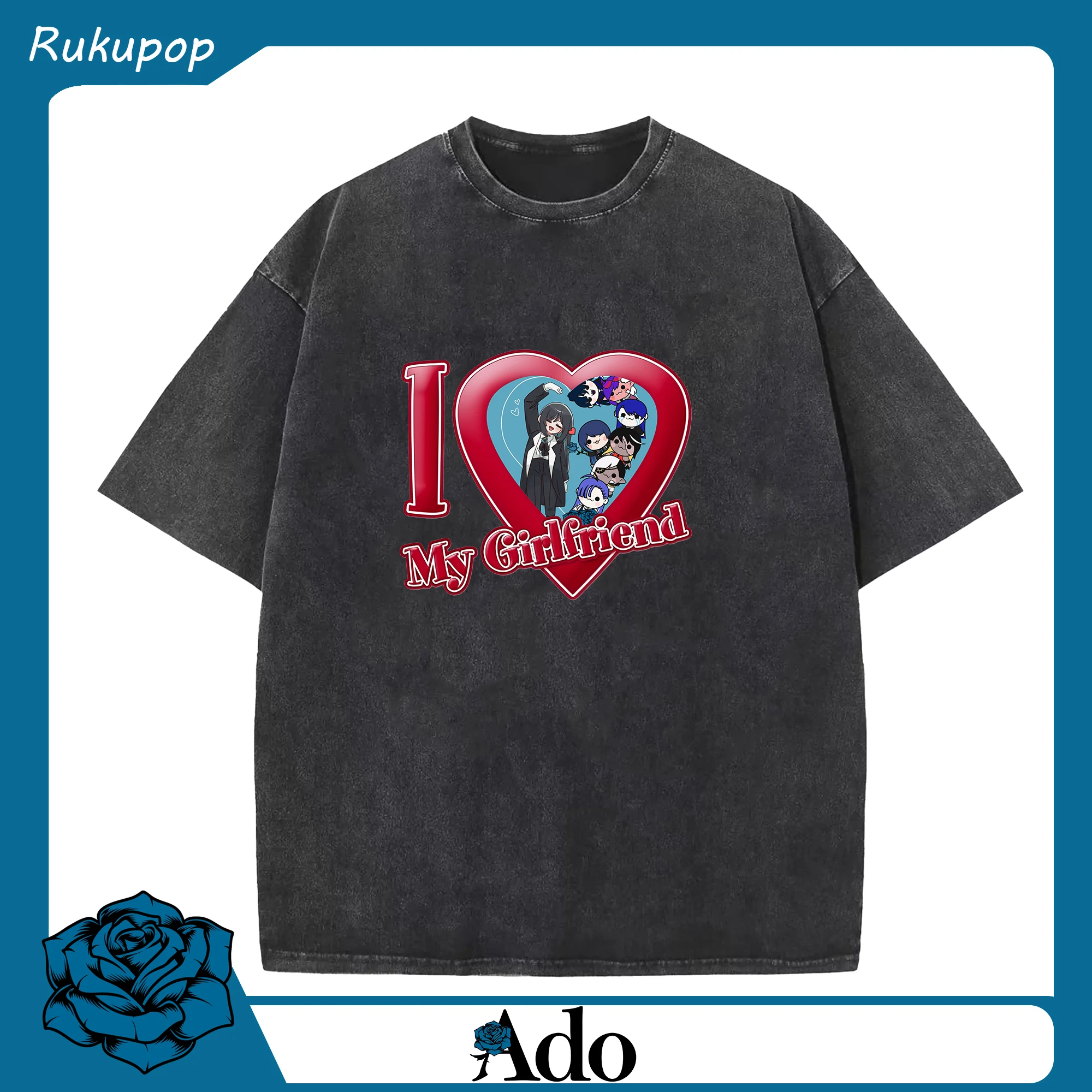 AdoアドAdo の ハート デザインわたしの かのじょ Ado が だいすき - 綿100％ ヴィンテージ風 半袖Tシャツ ・ フロントプリント ・ 柔らか肌触り ・ 通気性 快適 ・ スポーツ カジュアル 外出用