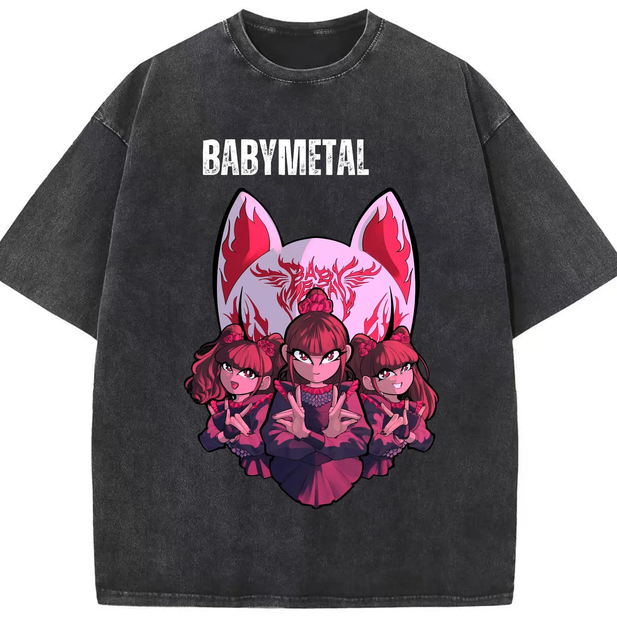 ベビーメタル　狐のお面 BABYMETAL - 綿100％ ヴィンテージ風 半袖Tシャツ ・ フロントプリント ・ 柔らか肌触り ・ 通気性 快適 ・ スポーツ カジュアル 外出用