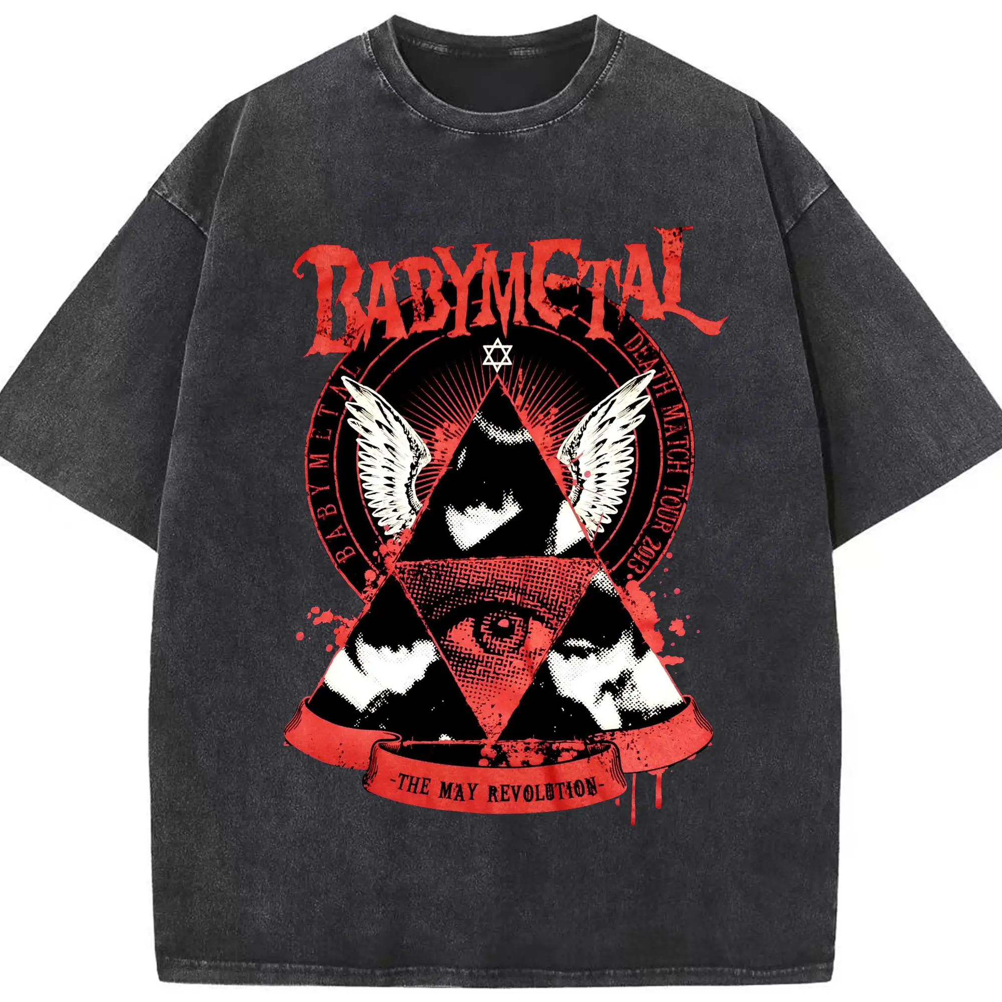 ベビーメタル　BABYMETAL May Revolution - 綿100％ ヴィンテージ風 半袖Tシャツ ・ フロントプリント ・ 柔らか肌触り ・ 通気性 快適 ・ スポーツ カジュアル 外出用