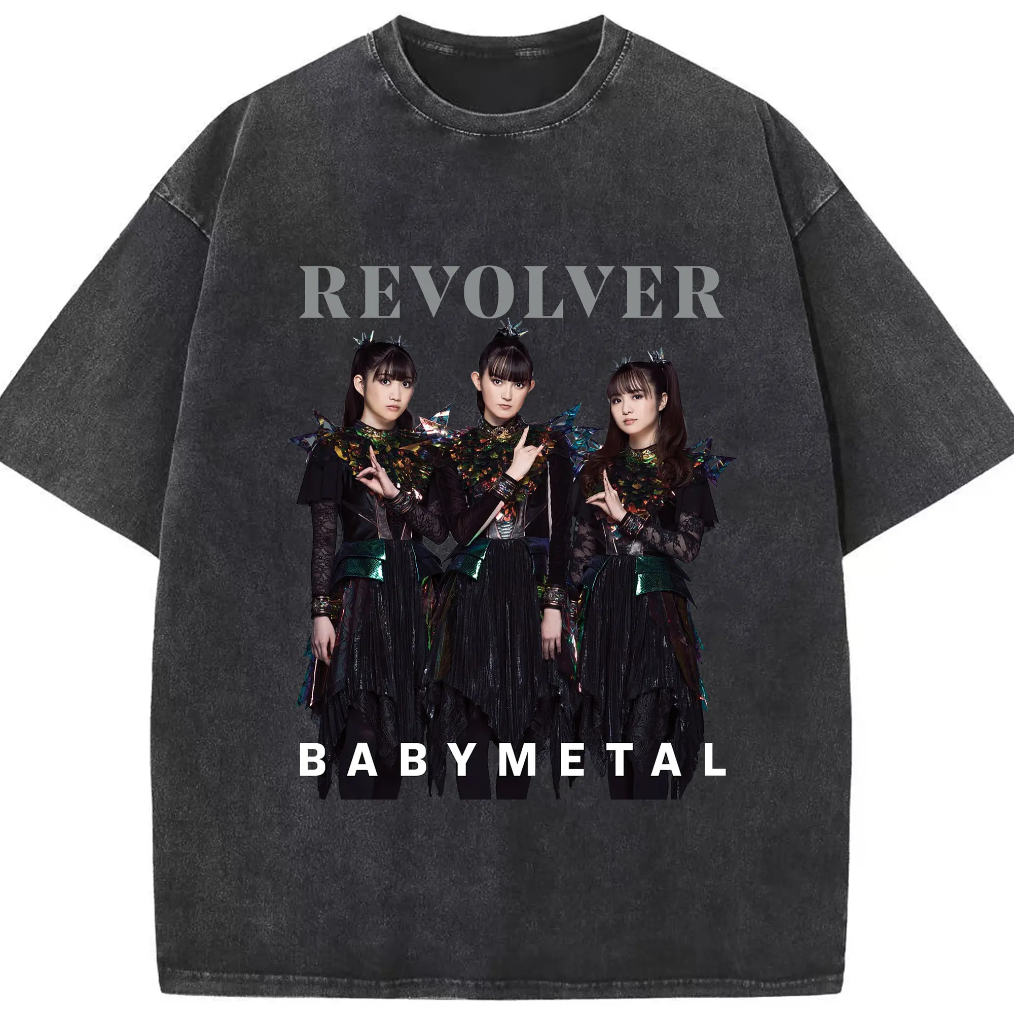 ベビーメタル　BABYMETAL&REVOLVER - 綿100％ ヴィンテージ風 半袖Tシャツ ・ フロントプリント ・ 柔らか肌触り ・ 通気性 快適 ・ スポーツ カジュアル 外出用