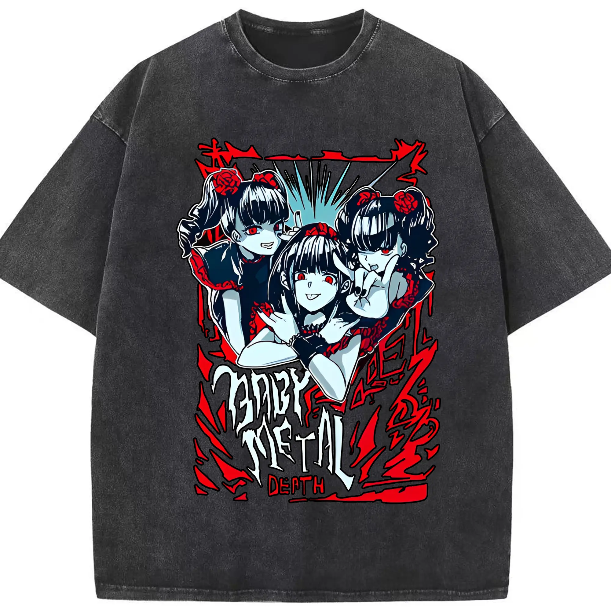 ベビーメタル　BABYMETALDeath - 綿100％ ヴィンテージ風 半袖Tシャツ ・ フロントプリント ・ 柔らか肌触り ・ 通気性 快適 ・ スポーツ カジュアル 外出用
