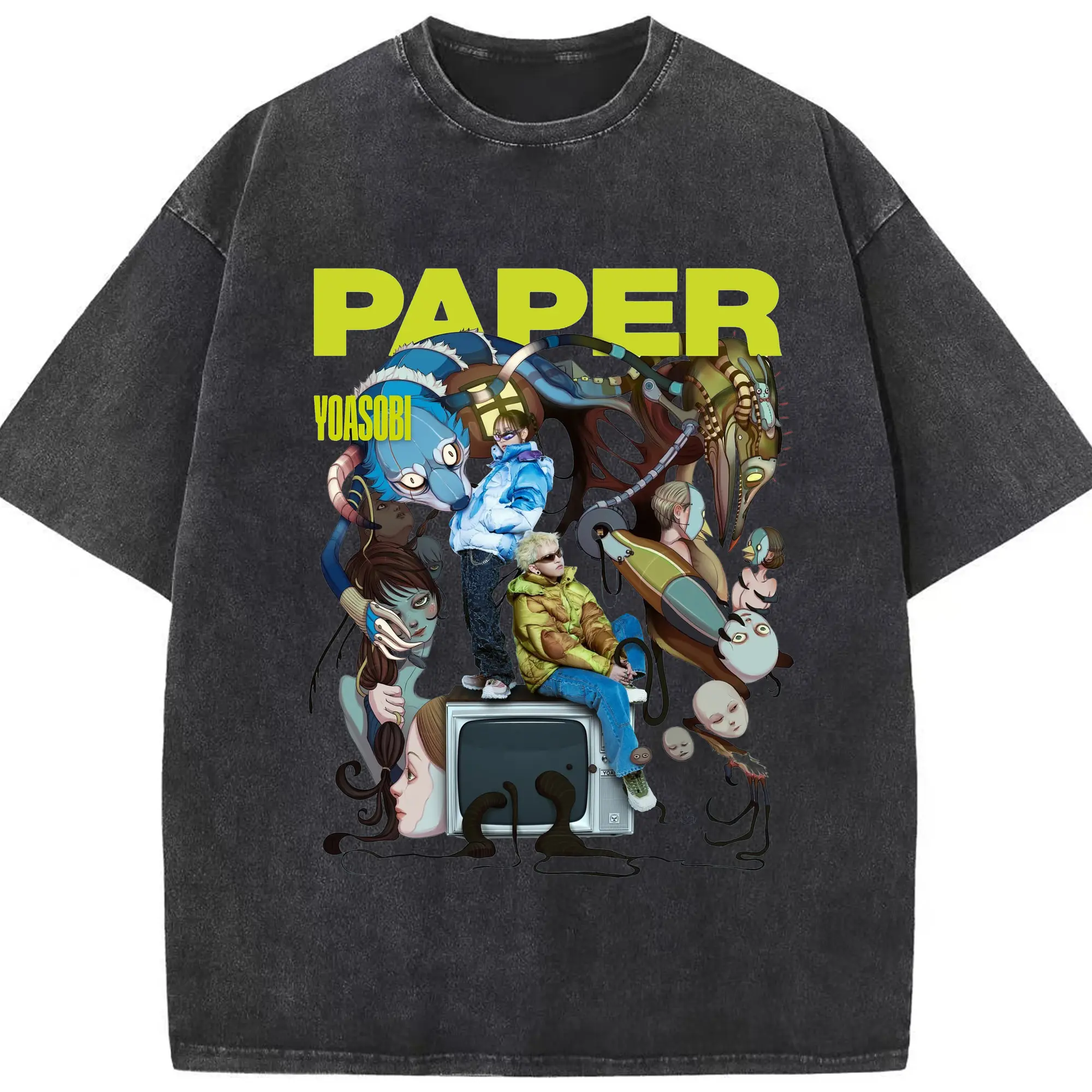 ヨアソビYOASOBIバンドポスター - 綿100％ ヴィンテージ風 半袖Tシャツ ・ フロントプリント ・ 柔らか肌触り ・ 通気性 快適 ・ スポーツ カジュアル 外出用