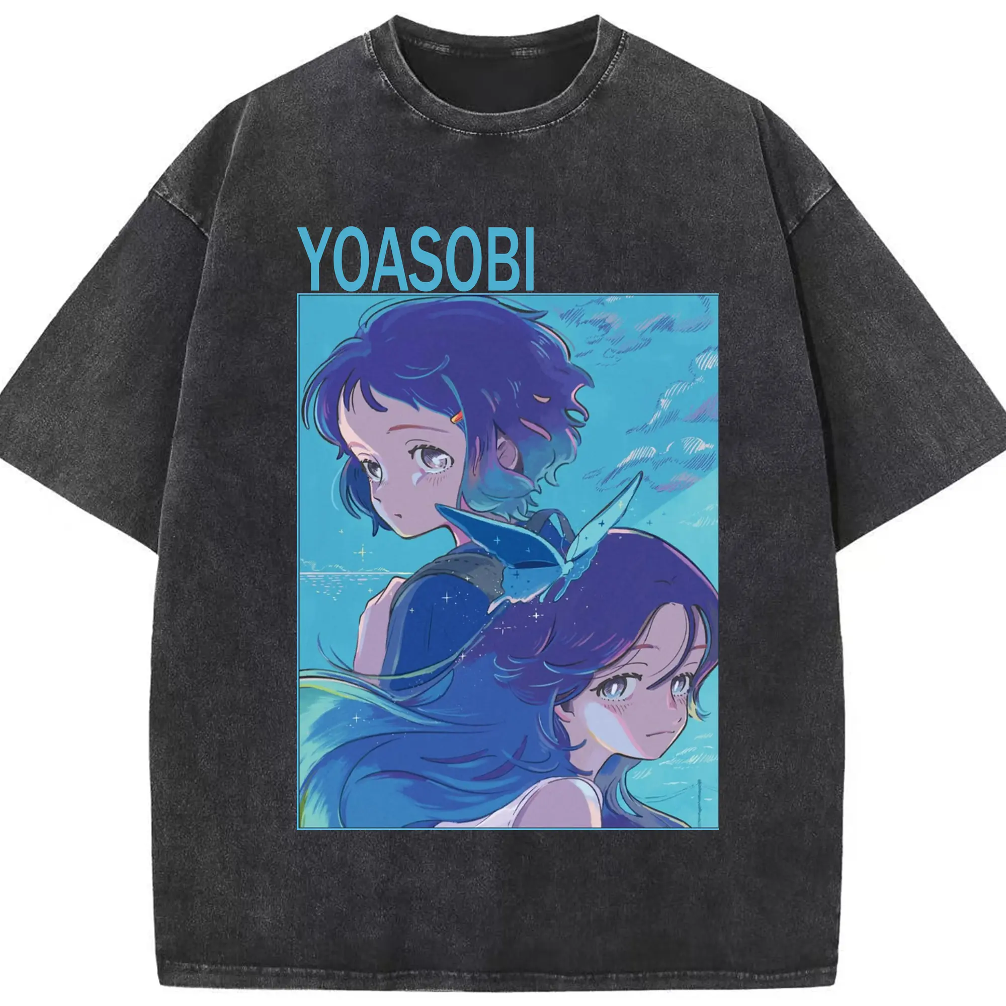 ヨアソビYOASOBI 海のまにまに - 綿100％ ヴィンテージ風 半袖Tシャツ ・ フロントプリント ・ 柔らか肌触り ・ 通気性 快適 ・ スポーツ カジュアル 外出用