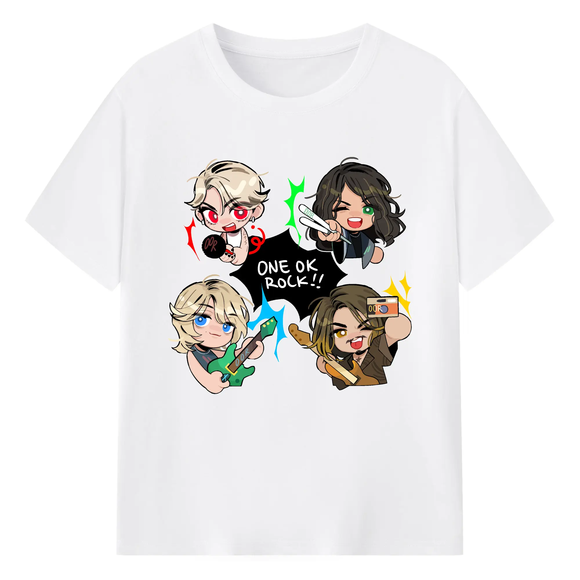 ワンオクロックマンガ風 - 綿100％ 半袖Tシャツ ・ フロントプリント ・ 快適 通気性 ・ 日常使い 散歩 スポーツ用