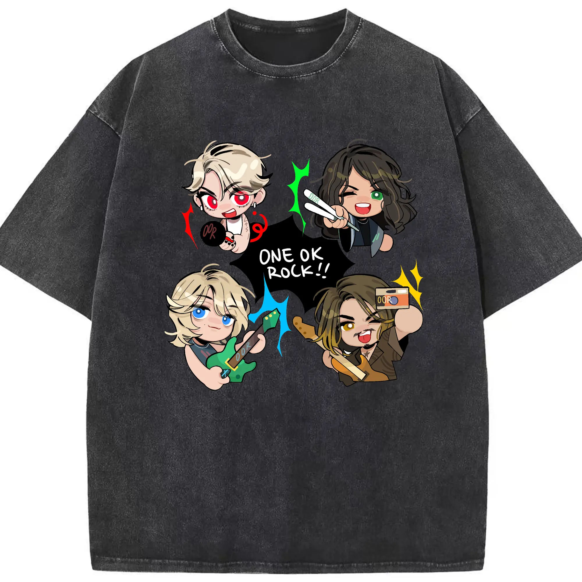 ワンオクロックマンガ風 - 綿100％ ヴィンテージ風 半袖Tシャツ ・ フロントプリント ・ 柔らか肌触り ・ 通気性 快適 ・ スポーツ カジュアル 外出用