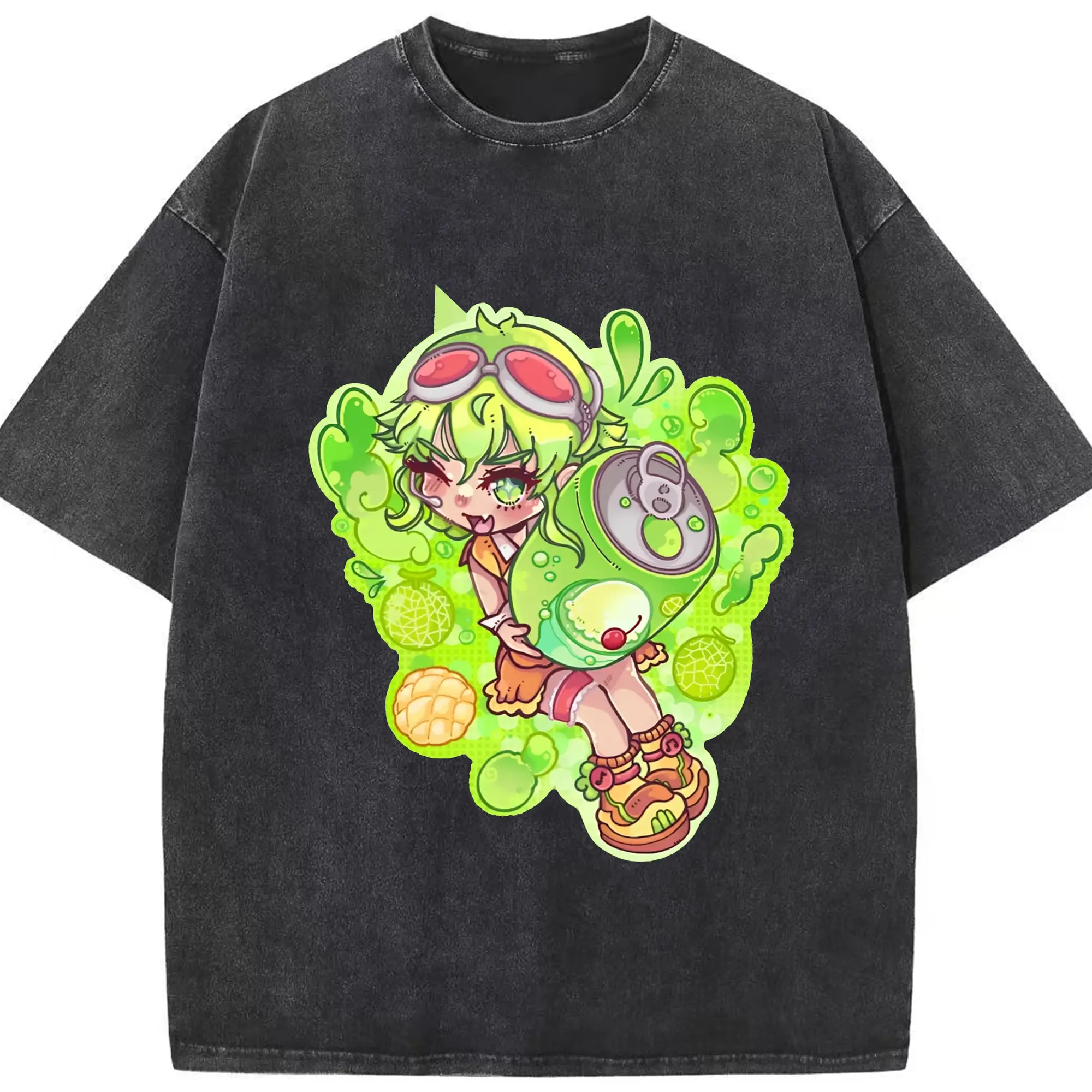 Melon Soda Gumi - 綿100％ ヴィンテージ風 半袖Tシャツ ・ フロントプリント ・ 柔らか肌触り ・ 通気性 快適 ・ スポーツ カジュアル 外出用