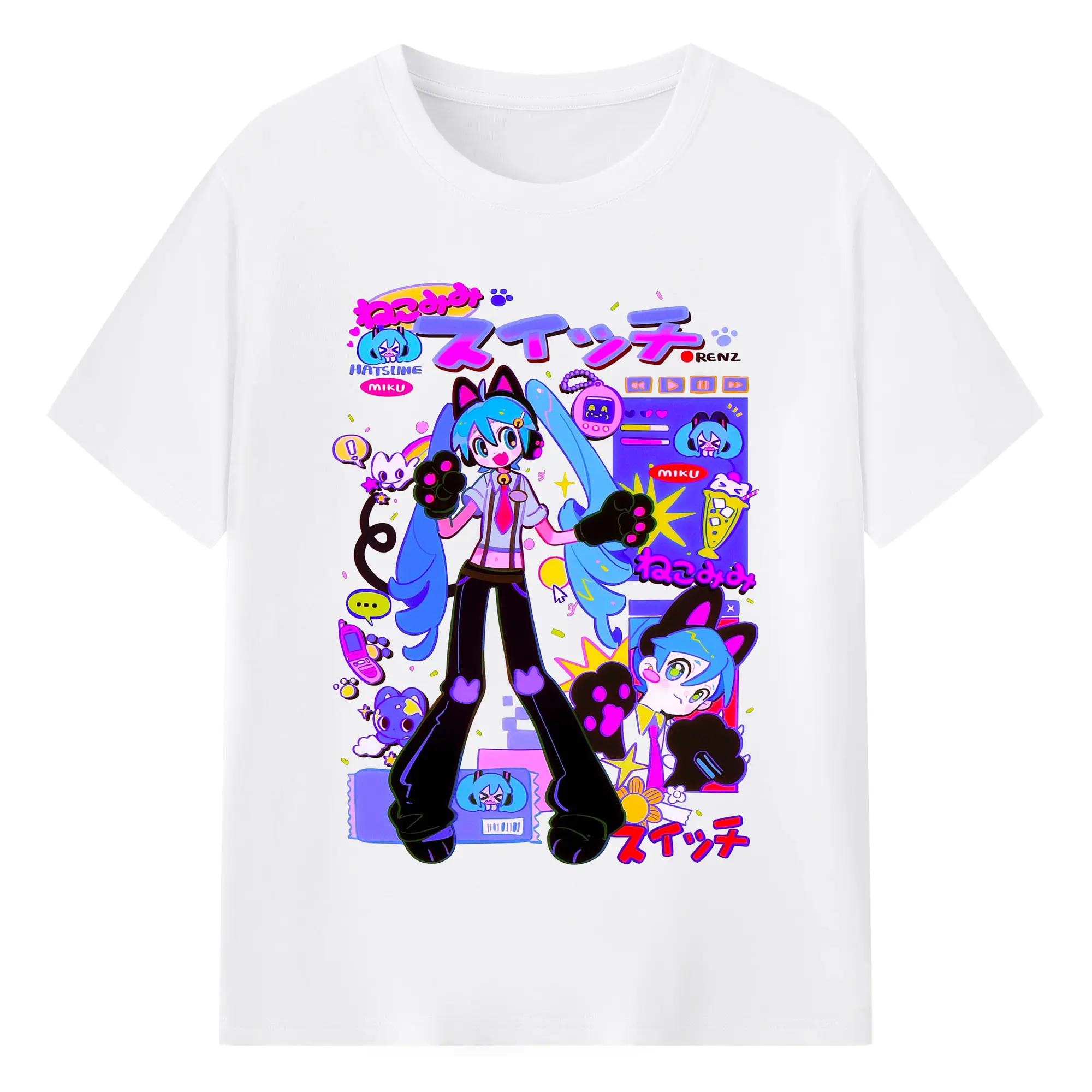 初音ミク かっこいい デザイン - 綿100％ 半袖Tシャツ ・ フロントプリント ・ 快適 通気性 ・ 日常使い 散歩 スポーツ用