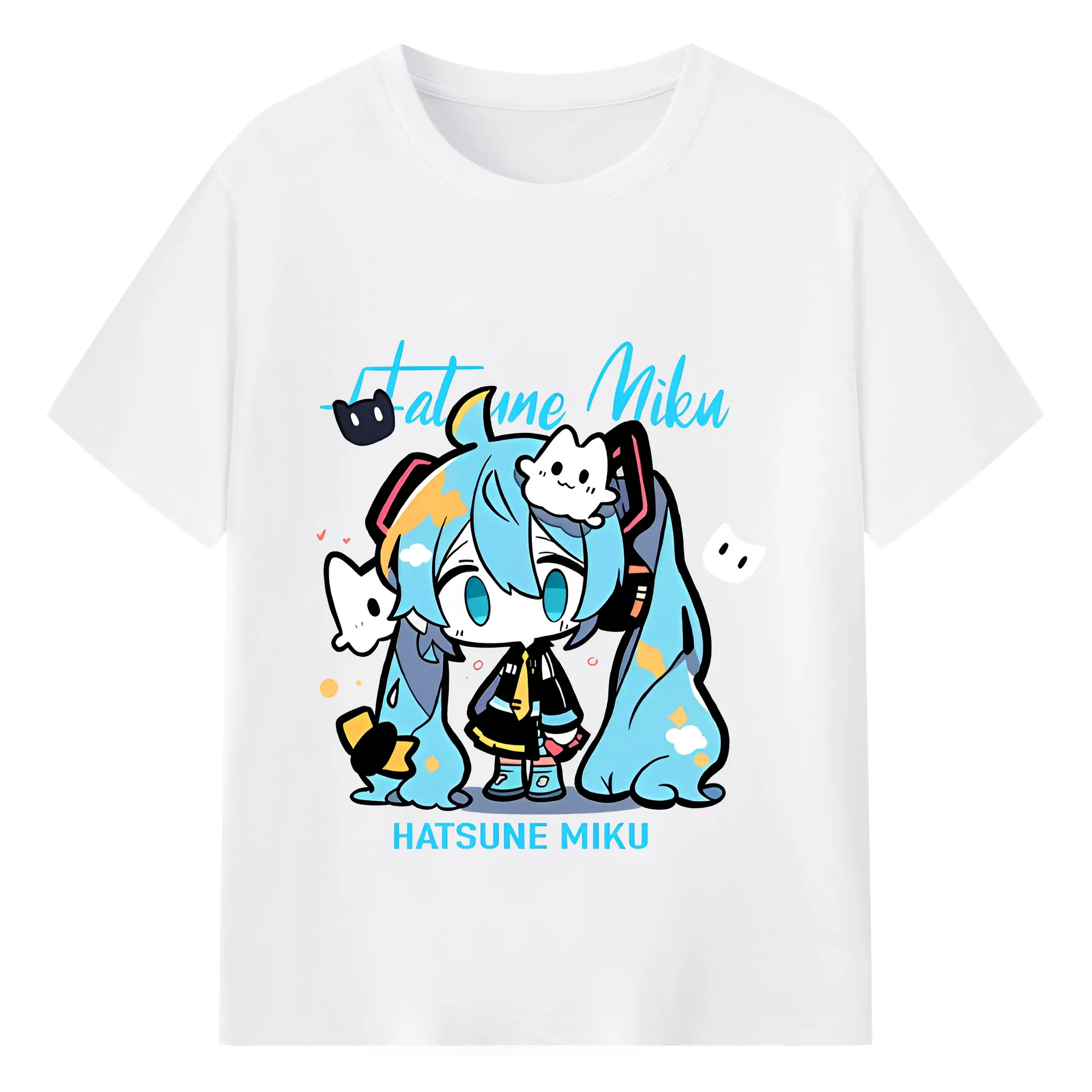 初音ミク コラボ アニメ 二次元 - 綿100％ 半袖Tシャツ ・ フロントプリント ・ 快適 通気性 ・ 日常使い 散歩 スポーツ用
