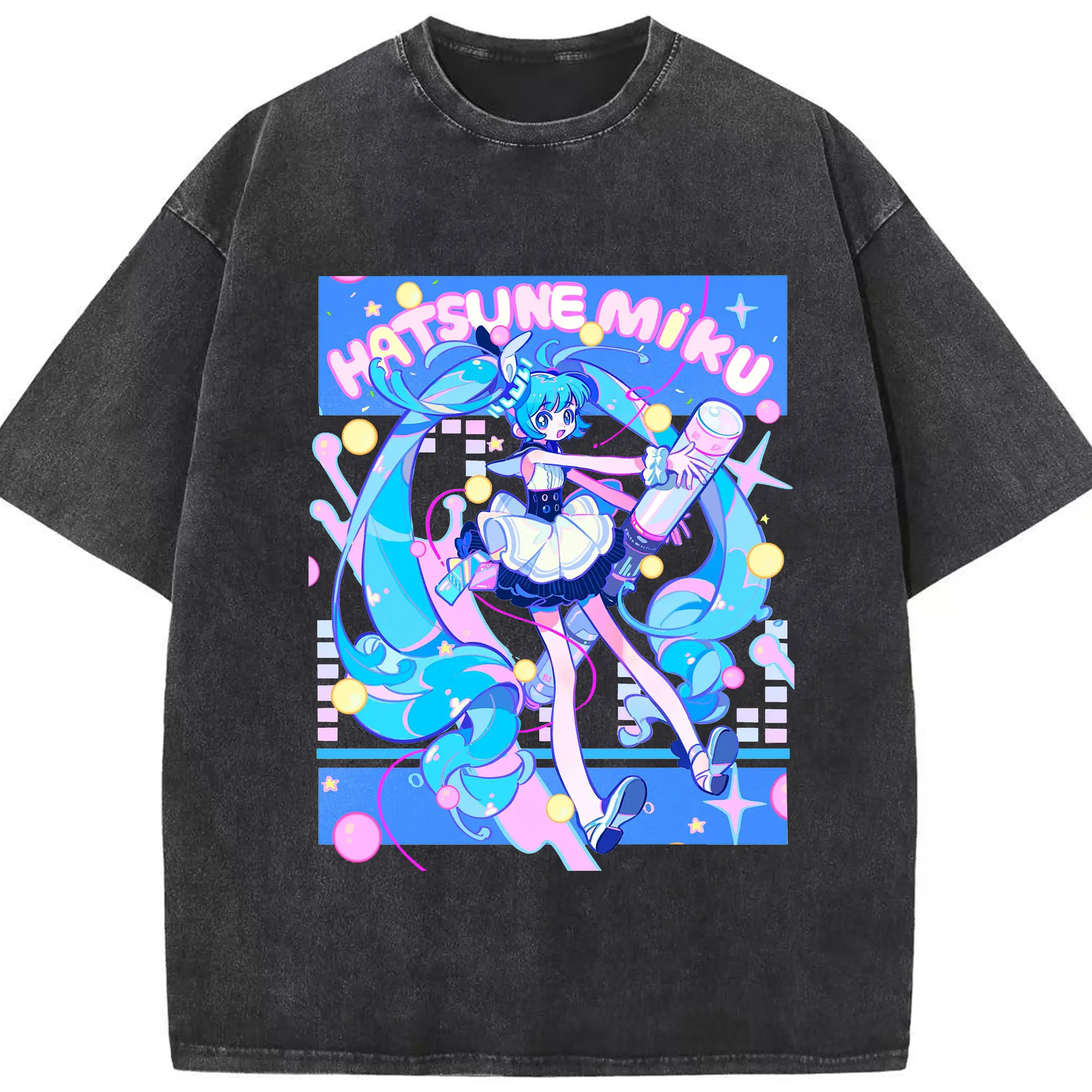 初音ミク かっこいい デザイン - 綿100％ ヴィンテージ風 半袖Tシャツ ・ フロントプリント ・ 柔らか肌触り ・ 通気性 快適 ・ スポーツ カジュアル 外出用