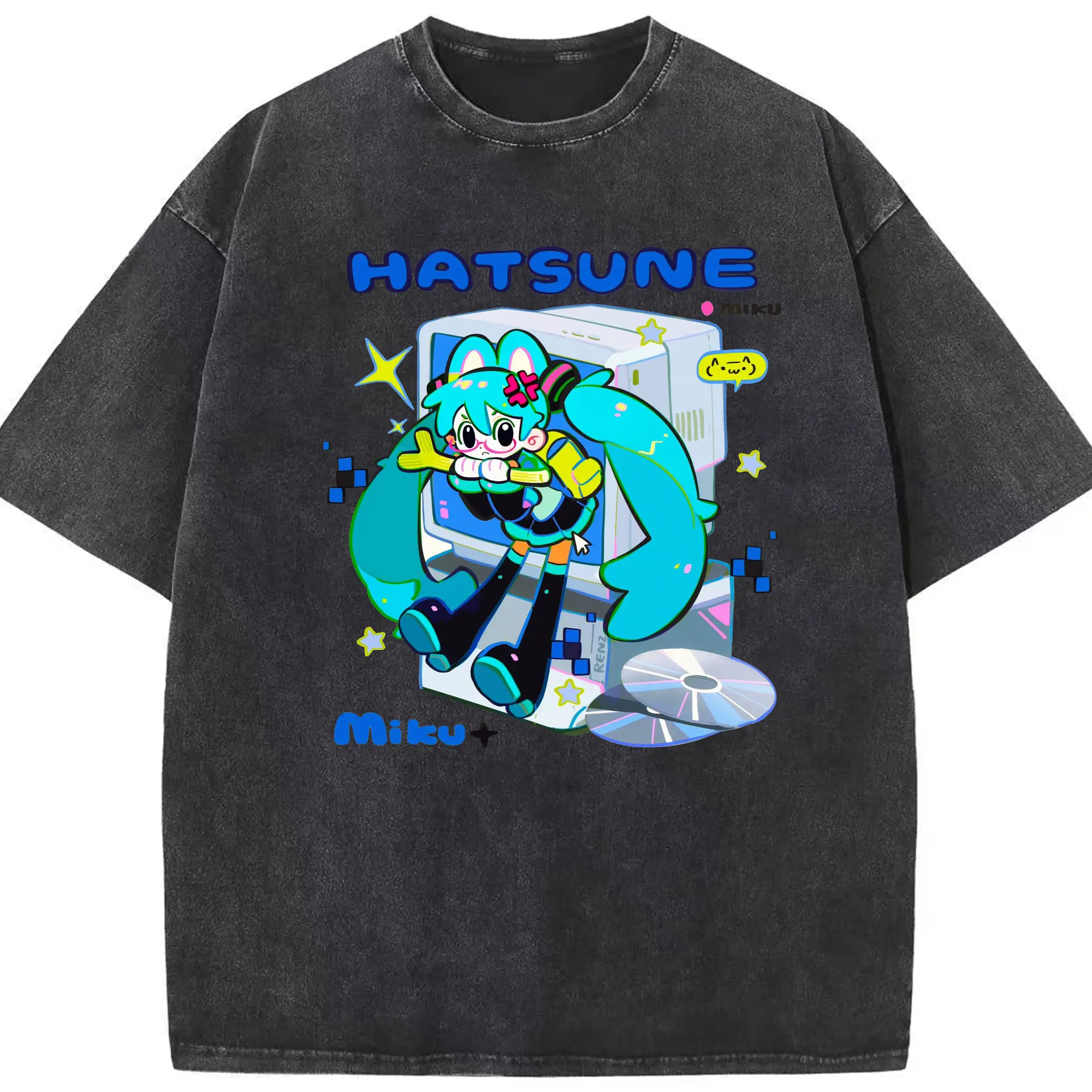 初音ミク CD マンガ - 綿100％ ヴィンテージ風 半袖Tシャツ ・ フロントプリント ・ 柔らか肌触り ・ 通気性 快適 ・ スポーツ カジュアル 外出用