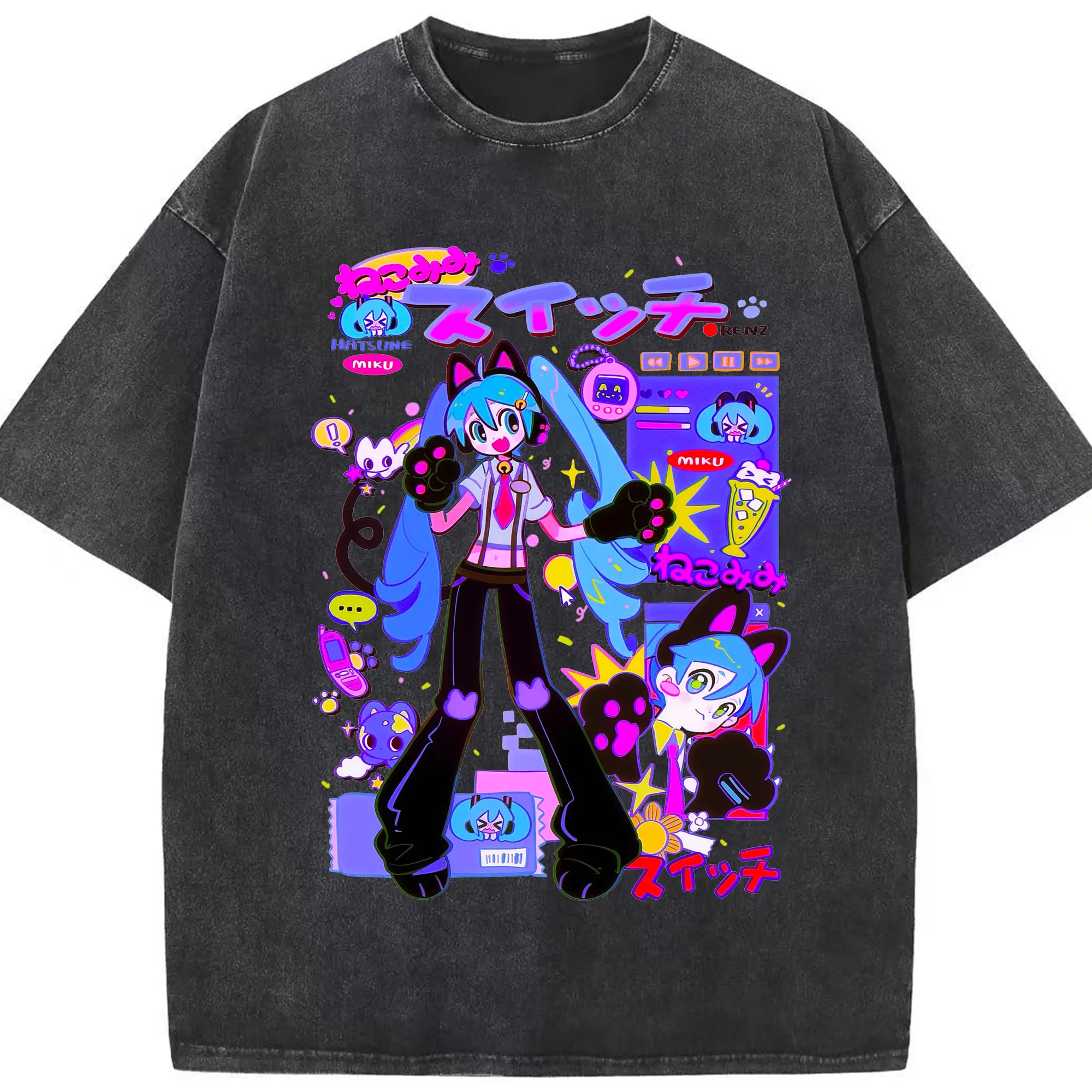 初音ミク かっこいい デザイン - 綿100％ ヴィンテージ風 半袖Tシャツ ・ フロントプリント ・ 柔らか肌触り ・ 通気性 快適 ・ スポーツ カジュアル 外出用