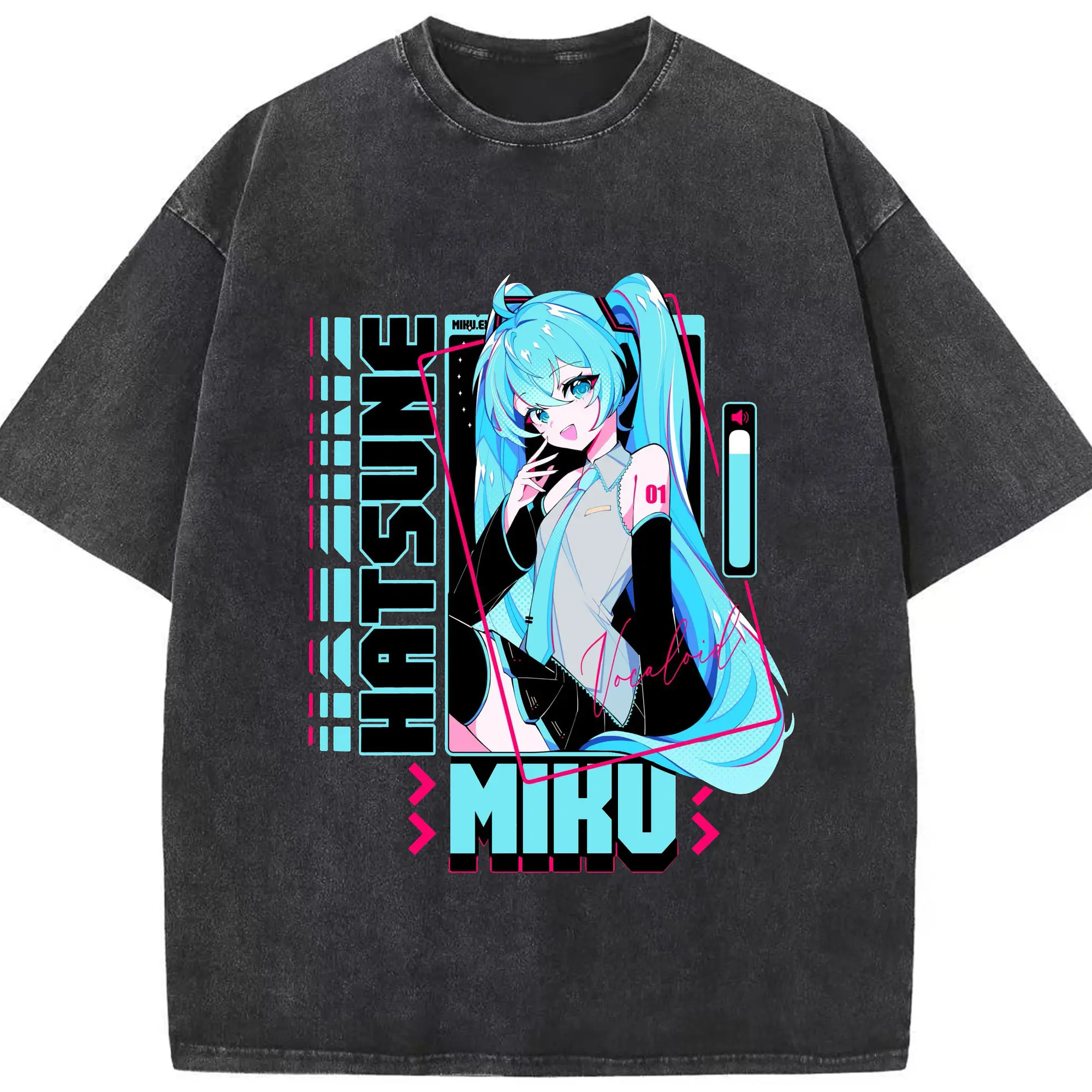 初音ミクHatsune Miku Miku Fanart - 綿100％ ヴィンテージ風 半袖Tシャツ ・ フロントプリント ・ 柔らか肌触り ・ 通気性 快適 ・ スポーツ カジュアル 外出用