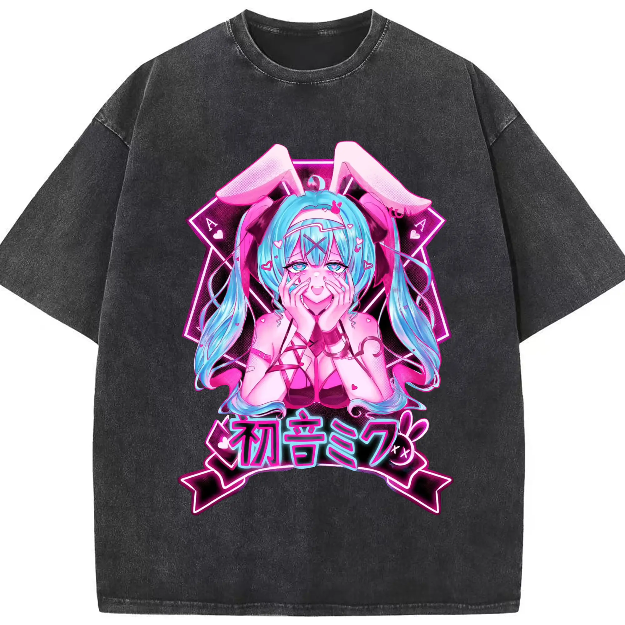 初音ミク かっこいい デザイン - 綿100％ ヴィンテージ風 半袖Tシャツ ・ フロントプリント ・ 柔らか肌触り ・ 通気性 快適 ・ スポーツ カジュアル 外出用