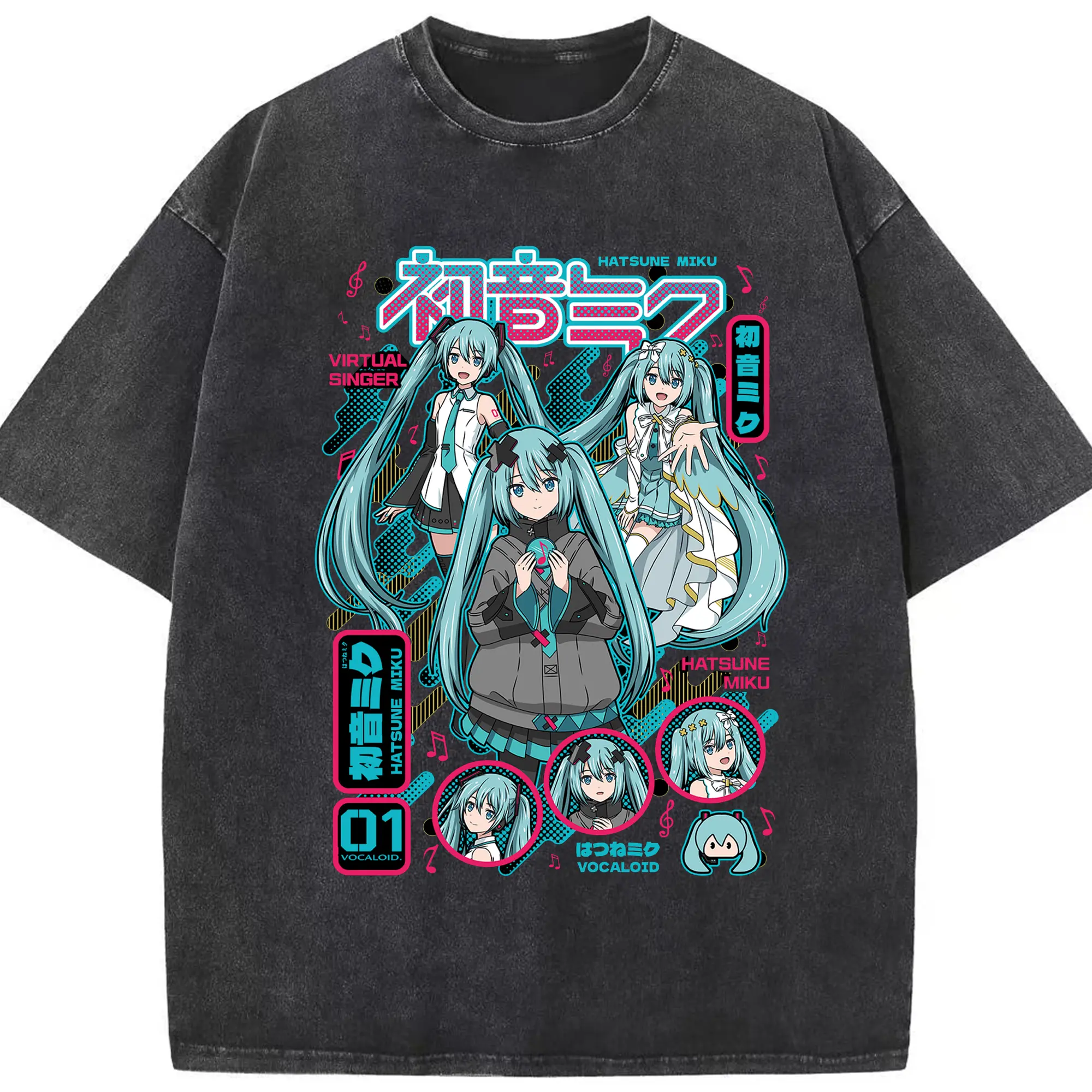 初音ミクHatsune Mikuバーチャル歌姫 01 VOCALOID - 綿100％ ヴィンテージ風 半袖Tシャツ ・ フロントプリント ・ 柔らか肌触り ・ 通気性 快適 ・ スポーツ カジュアル 外出用