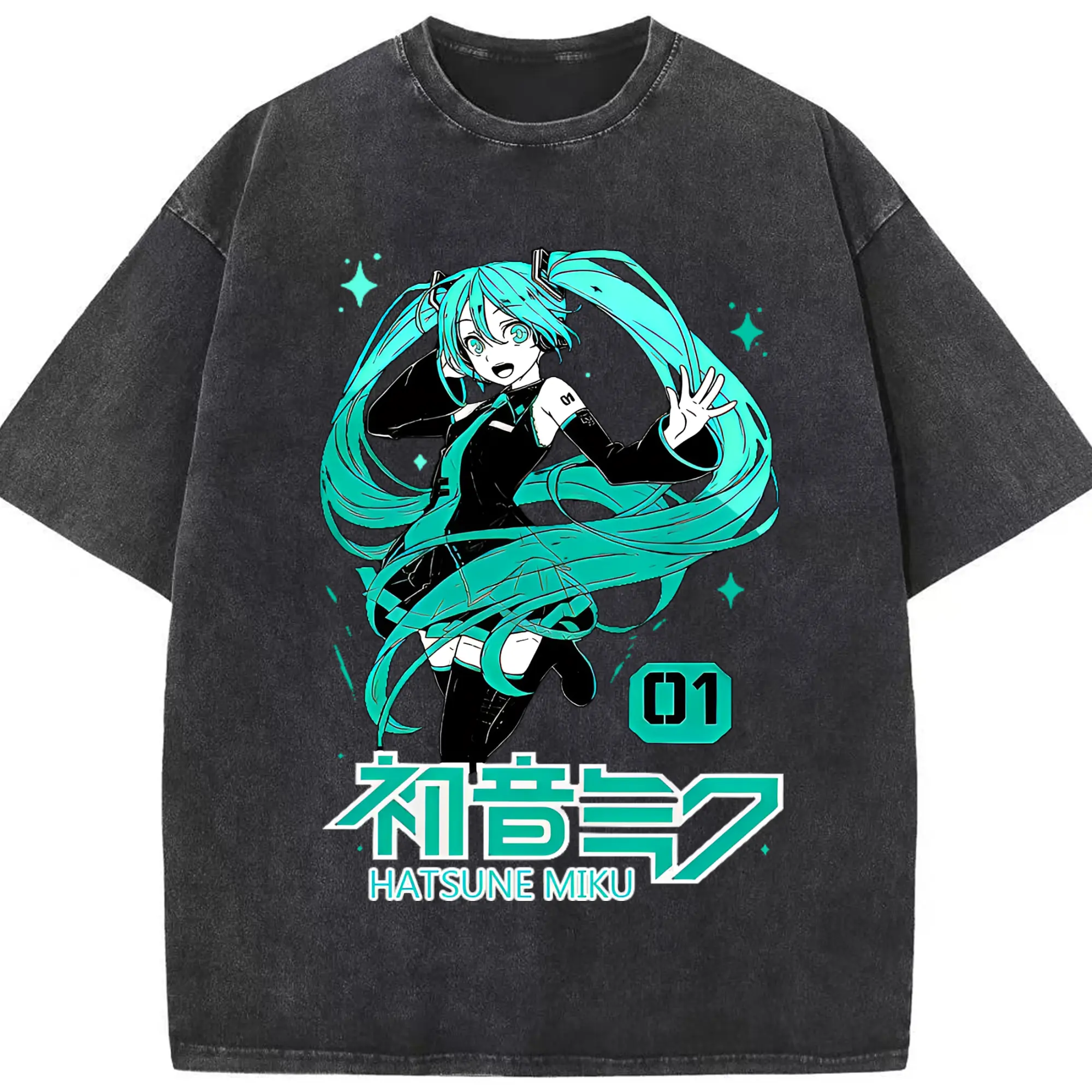 初音ミク01 Hatsune Miku - 綿100％ ヴィンテージ風 半袖Tシャツ ・ フロントプリント ・ 柔らか肌触り ・ 通気性 快適 ・ スポーツ カジュアル 外出用