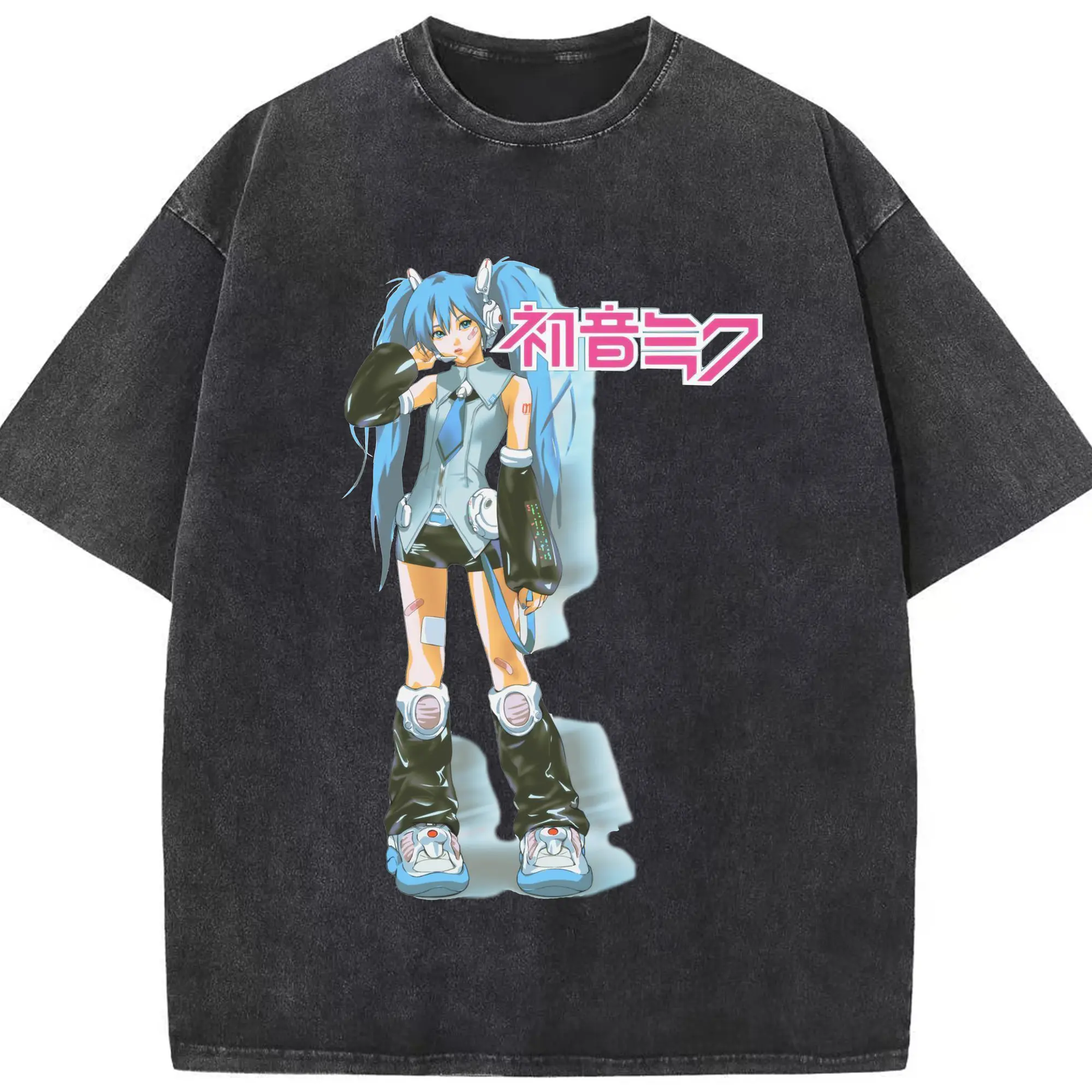 初音ミク - 綿100％ ヴィンテージ風 半袖Tシャツ ・ フロントプリント ・ 柔らか肌触り ・ 通気性 快適 ・ スポーツ カジュアル 外出用