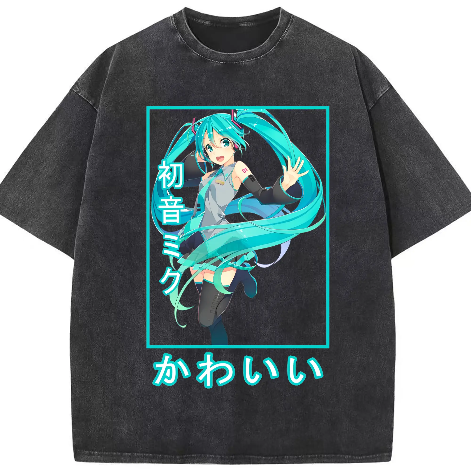 初音ミクHatsune Miku かわいい - 綿100％ ヴィンテージ風 半袖Tシャツ ・ フロントプリント ・ 柔らか肌触り ・ 通気性 快適 ・ スポーツ カジュアル 外出用