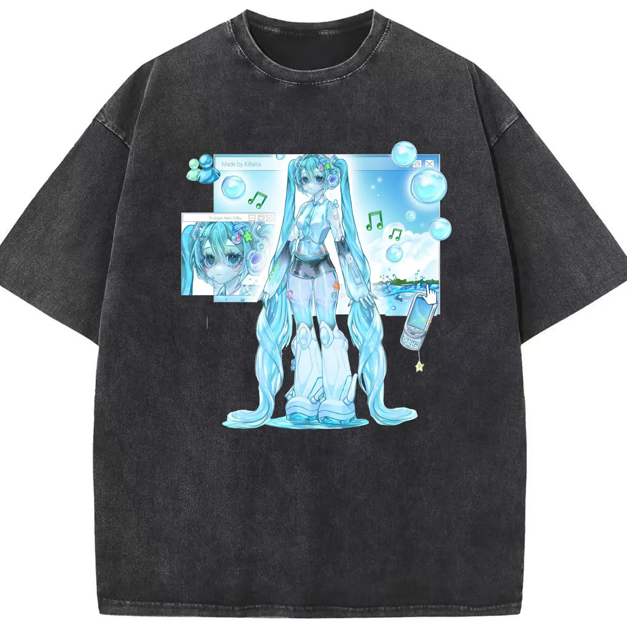 初音ミク 面白いデザイン - 綿100％ ヴィンテージ風 半袖Tシャツ ・ フロントプリント ・ 柔らか肌触り ・ 通気性 快適 ・ スポーツ カジュアル 外出用