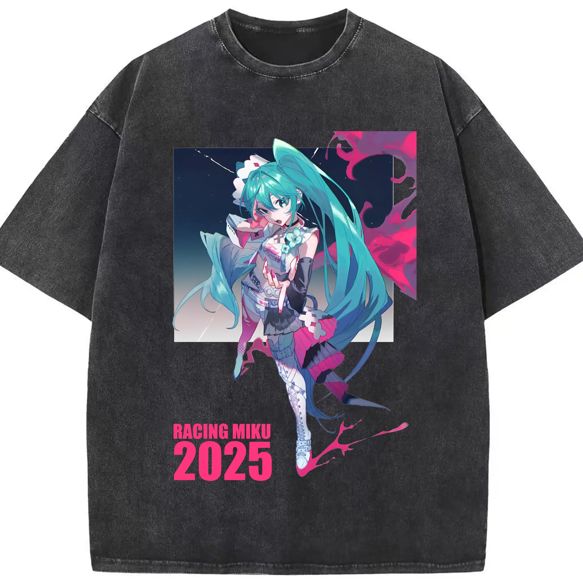 初音ミクHatsune Miku RACING MIKU 2025 - 綿100％ ヴィンテージ風 半袖Tシャツ ・ フロントプリント ・ 柔らか肌触り ・ 通気性 快適 ・ スポーツ カジュアル 外出用