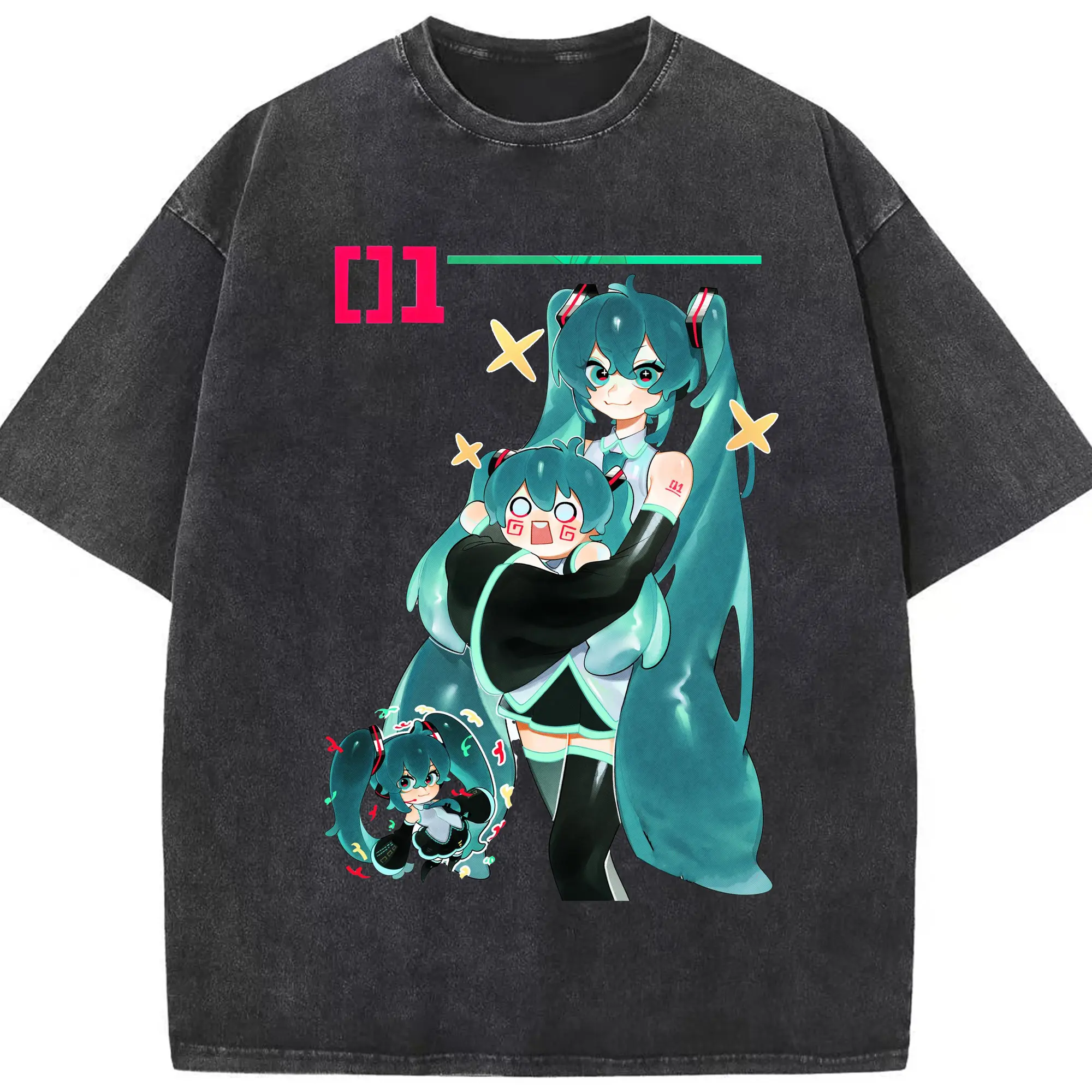 初音ミク01 - 綿100％ ヴィンテージ風 半袖Tシャツ ・ フロントプリント ・ 柔らか肌触り ・ 通気性 快適 ・ スポーツ カジュアル 外出用