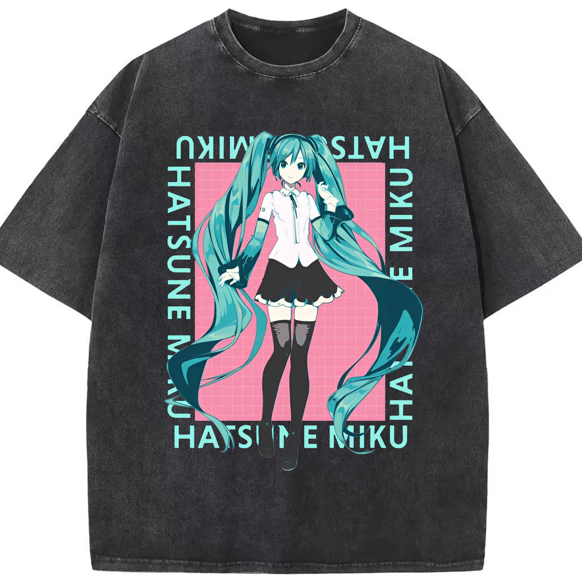 初音ミク バーチャル歌姫 二次元 - 綿100％ ヴィンテージ風 半袖Tシャツ ・ フロントプリント ・ 柔らか肌触り ・ 通気性 快適 ・ スポーツ カジュアル 外出用