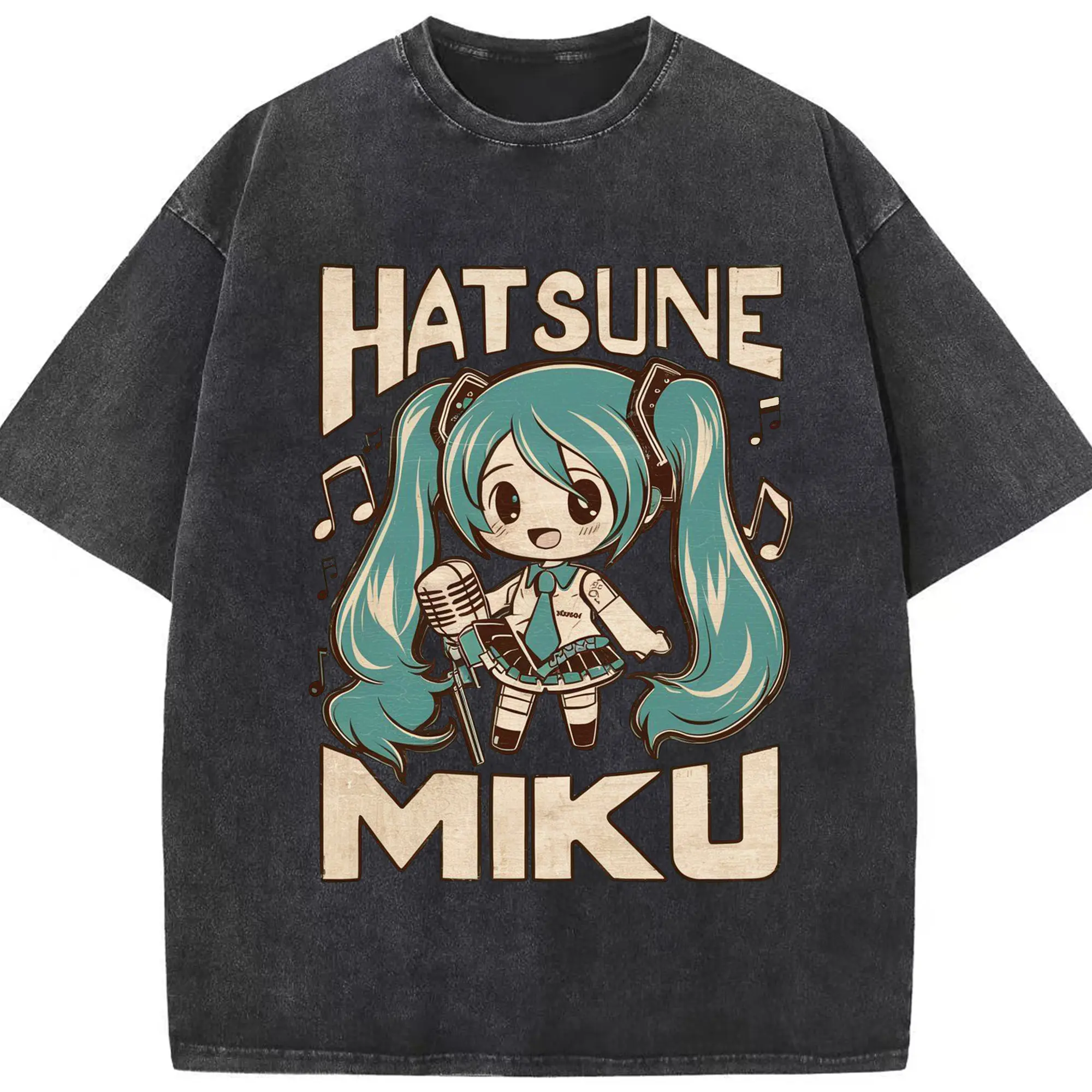 初音ミク かわいい レトロデザイン - 綿100％ ヴィンテージ風 半袖Tシャツ ・ フロントプリント ・ 柔らか肌触り ・ 通気性 快適 ・ スポーツ カジュアル 外出用