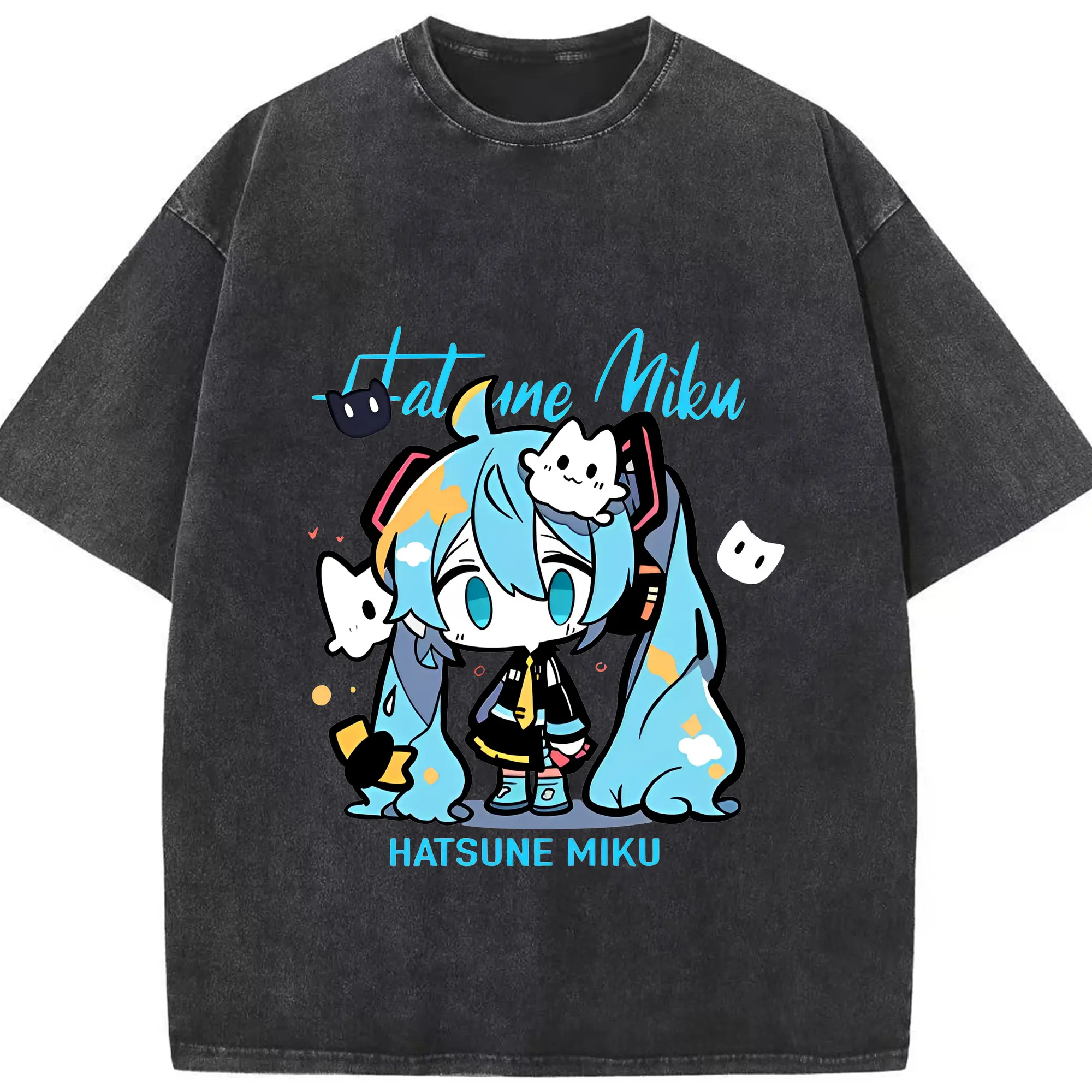 初音ミク コラボ アニメ 二次元 - 綿100％ ヴィンテージ風 半袖Tシャツ ・ フロントプリント ・ 柔らか肌触り ・ 通気性 快適 ・ スポーツ カジュアル 外出用
