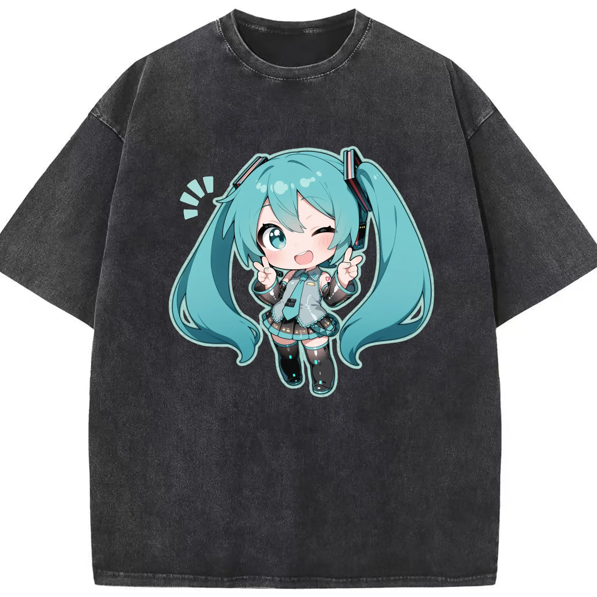 初音ミク アニメ 二次元 かわいい - 綿100％ ヴィンテージ風 半袖Tシャツ ・ フロントプリント ・ 柔らか肌触り ・ 通気性 快適 ・ スポーツ カジュアル 外出用