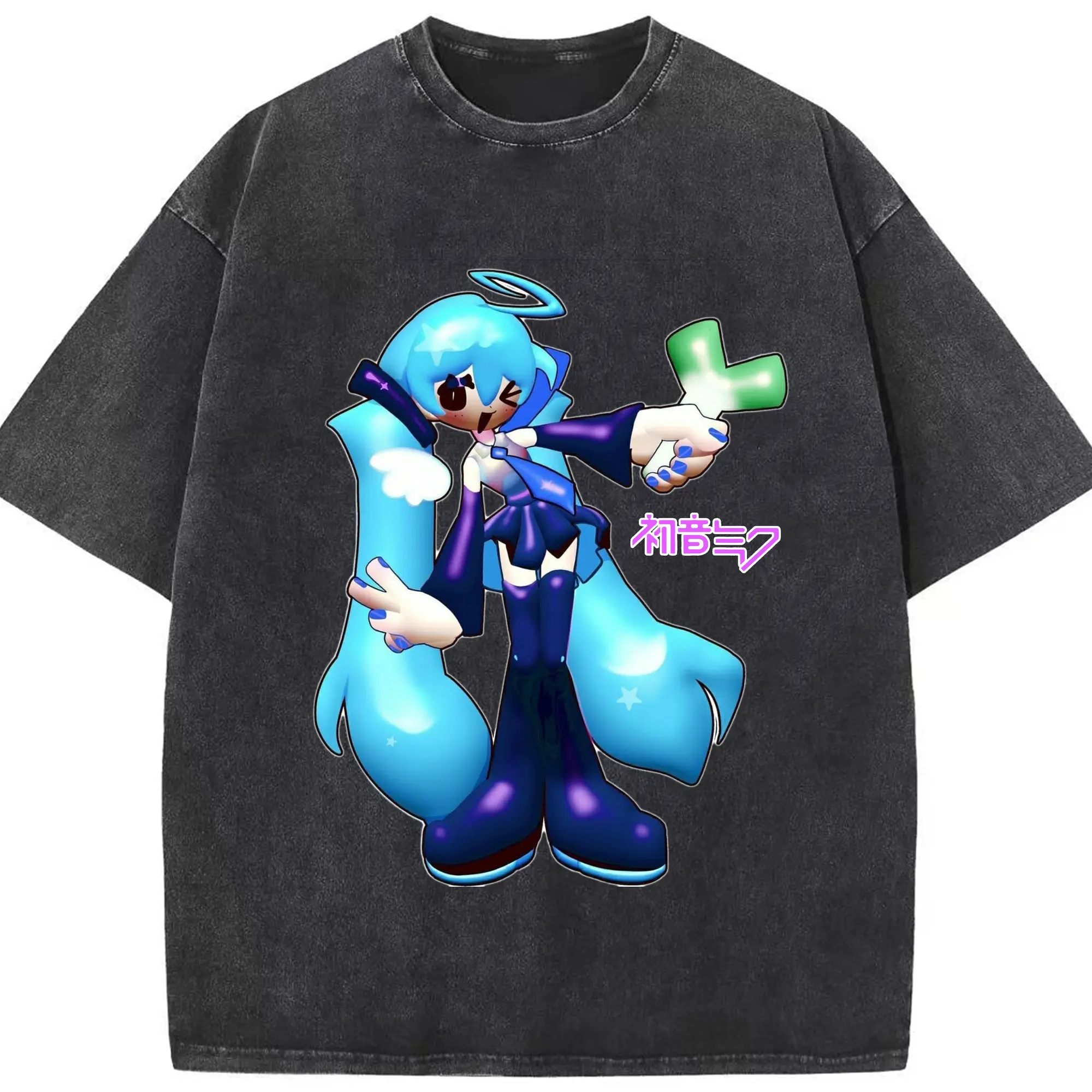 初音ミク甩蔥歌Hatsune Miku - 綿100％ ヴィンテージ風 半袖Tシャツ ・ フロントプリント ・ 柔らか肌触り ・ 通気性 快適 ・ スポーツ カジュアル 外出用