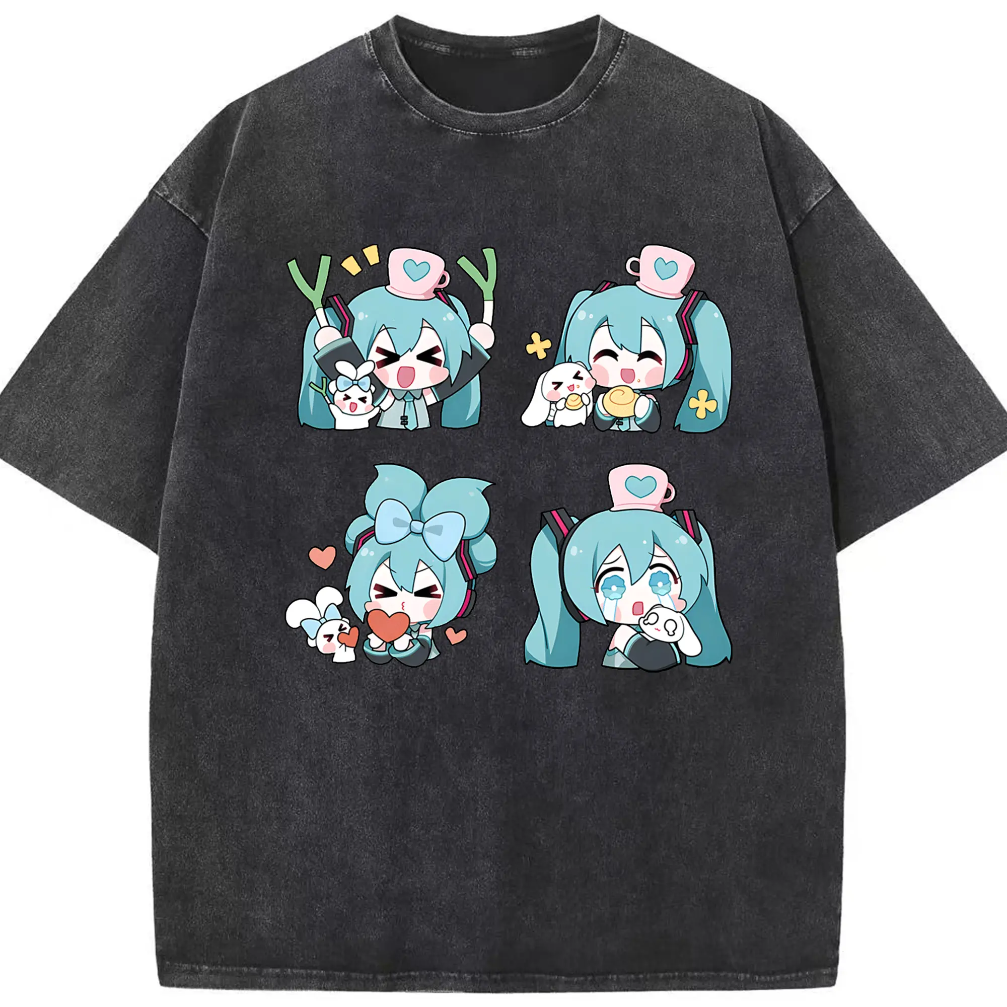 初音ミク 歌手 アニメグッズ かわいい 二次元 キャラクターグッズ - 綿100％ ヴィンテージ風 半袖Tシャツ ・ フロントプリント ・ 柔らか肌触り ・ 通気性 快適 ・ スポーツ カジュアル 外出用