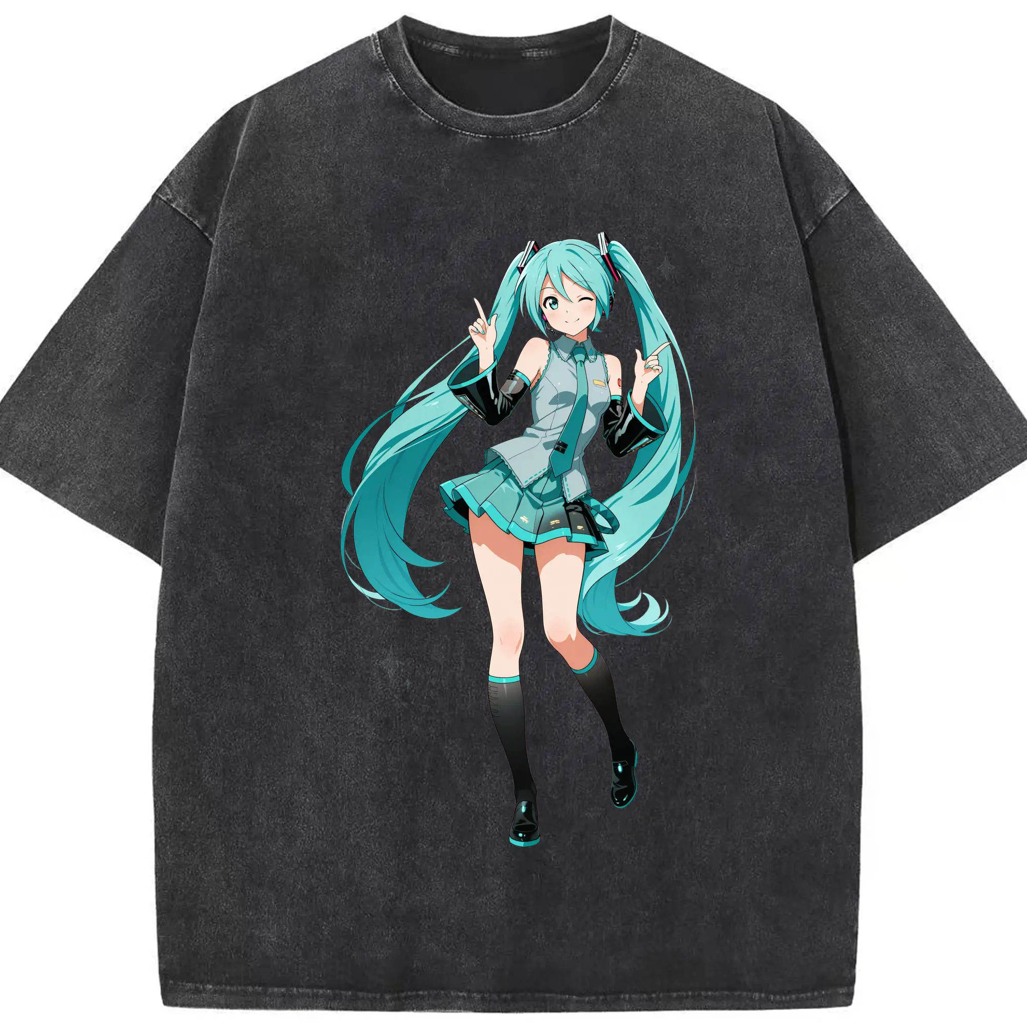初音ミク バーチャル歌姫 二次元 - 綿100％ ヴィンテージ風 半袖Tシャツ ・ フロントプリント ・ 柔らか肌触り ・ 通気性 快適 ・ スポーツ カジュアル 外出用