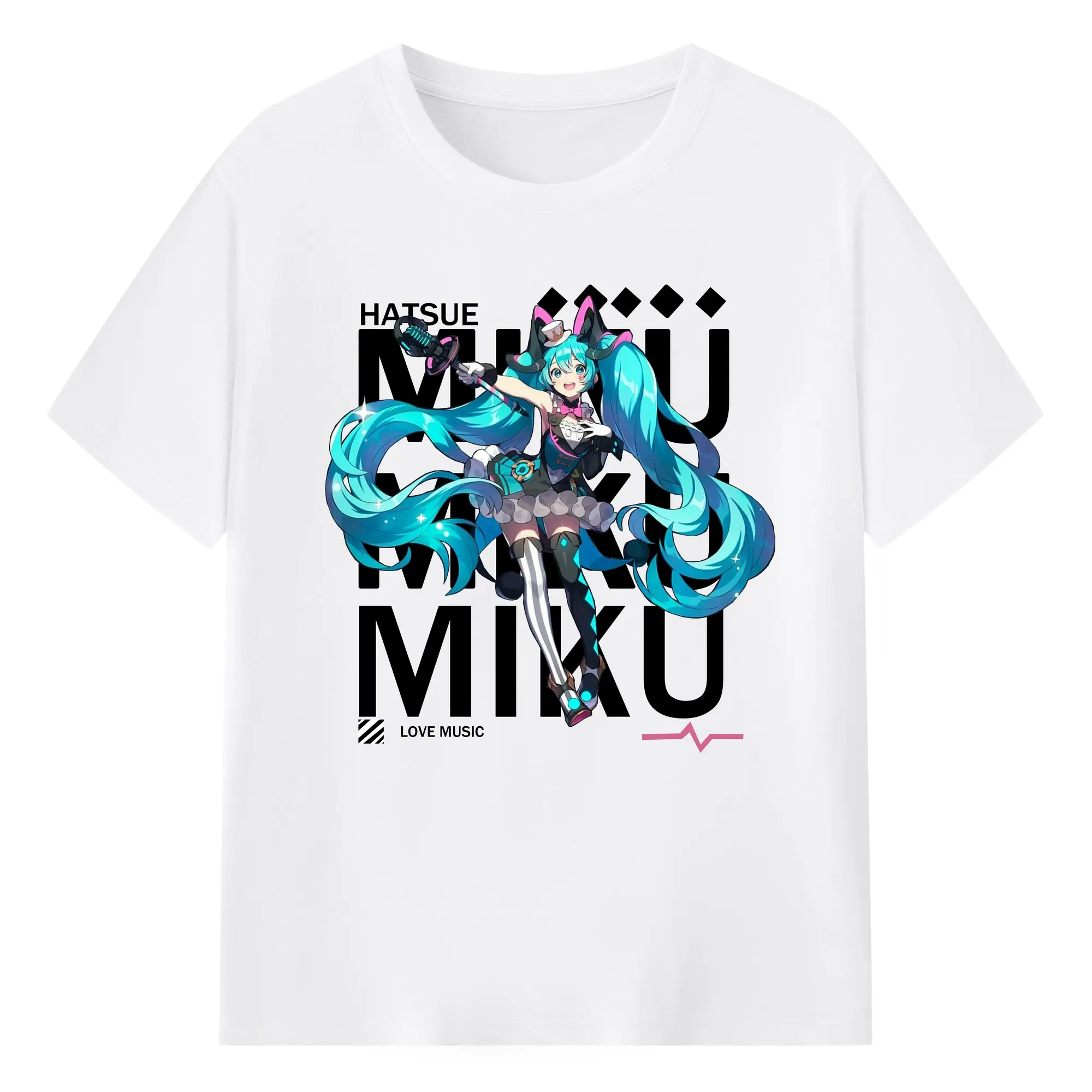 Hatsune Miku LOVE MUSIC - 綿100％ 半袖Tシャツ ・ フロントプリント ・ 快適 通気性 ・ 日常使い 散歩 スポーツ用