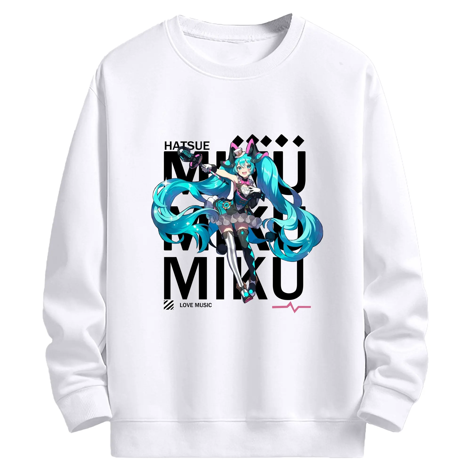 Hatsune Miku LOVE MUSIC - 高品質 クルーネック スウェット ・ コットン59％ ポリエステル41％ ・ ユニセックス 長袖 トレーナー ・ カジュアル デイリー スポーツ 散歩用