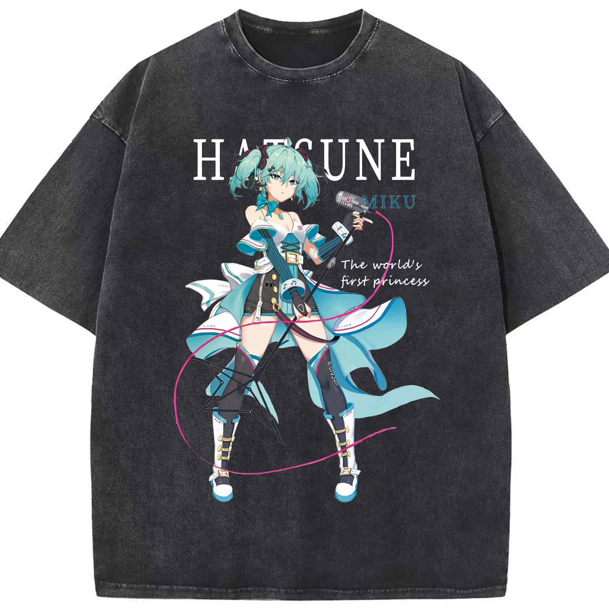 Hatsune MikuVOCALOID 初音ミク - 綿100％ ヴィンテージ風 半袖Tシャツ ・ フロントプリント ・ 柔らか肌触り ・ 通気性 快適 ・ スポーツ カジュアル 外出用