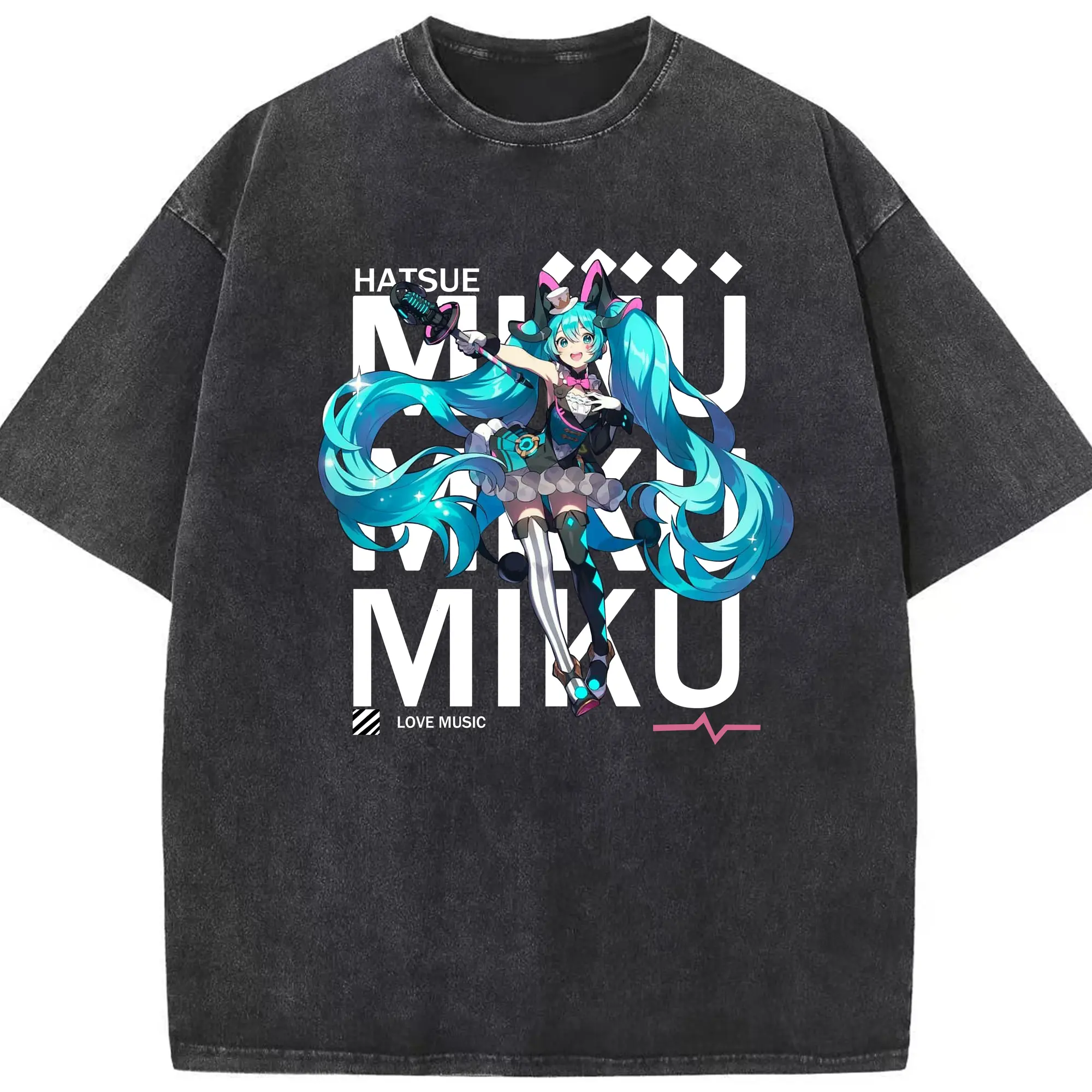 Hatsune Miku LOVE MUSIC - 綿100％ ヴィンテージ風 半袖Tシャツ ・ フロントプリント ・ 柔らか肌触り ・ 通気性 快適 ・ スポーツ カジュアル 外出用