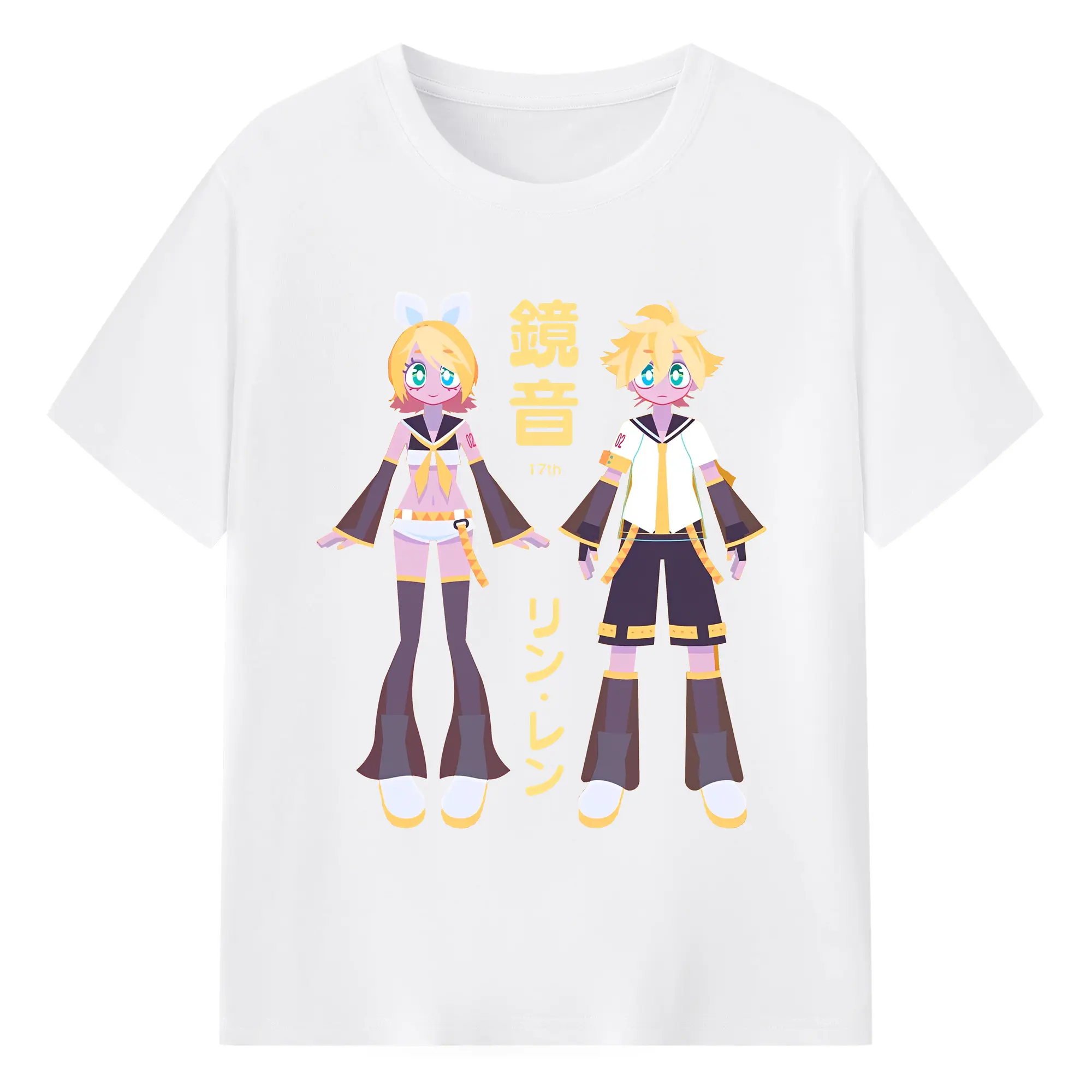 鏡音リン・レン 17th - 綿100％ 半袖Tシャツ ・ フロントプリント ・ 快適 通気性 ・ 日常使い 散歩 スポーツ用
