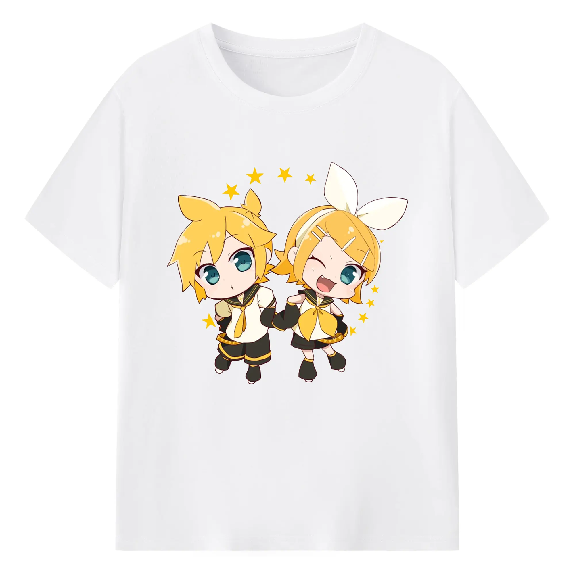 鏡音リン・レン かわいいスタイル - 綿100％ 半袖Tシャツ ・ フロントプリント ・ 快適 通気性 ・ 日常使い 散歩 スポーツ用