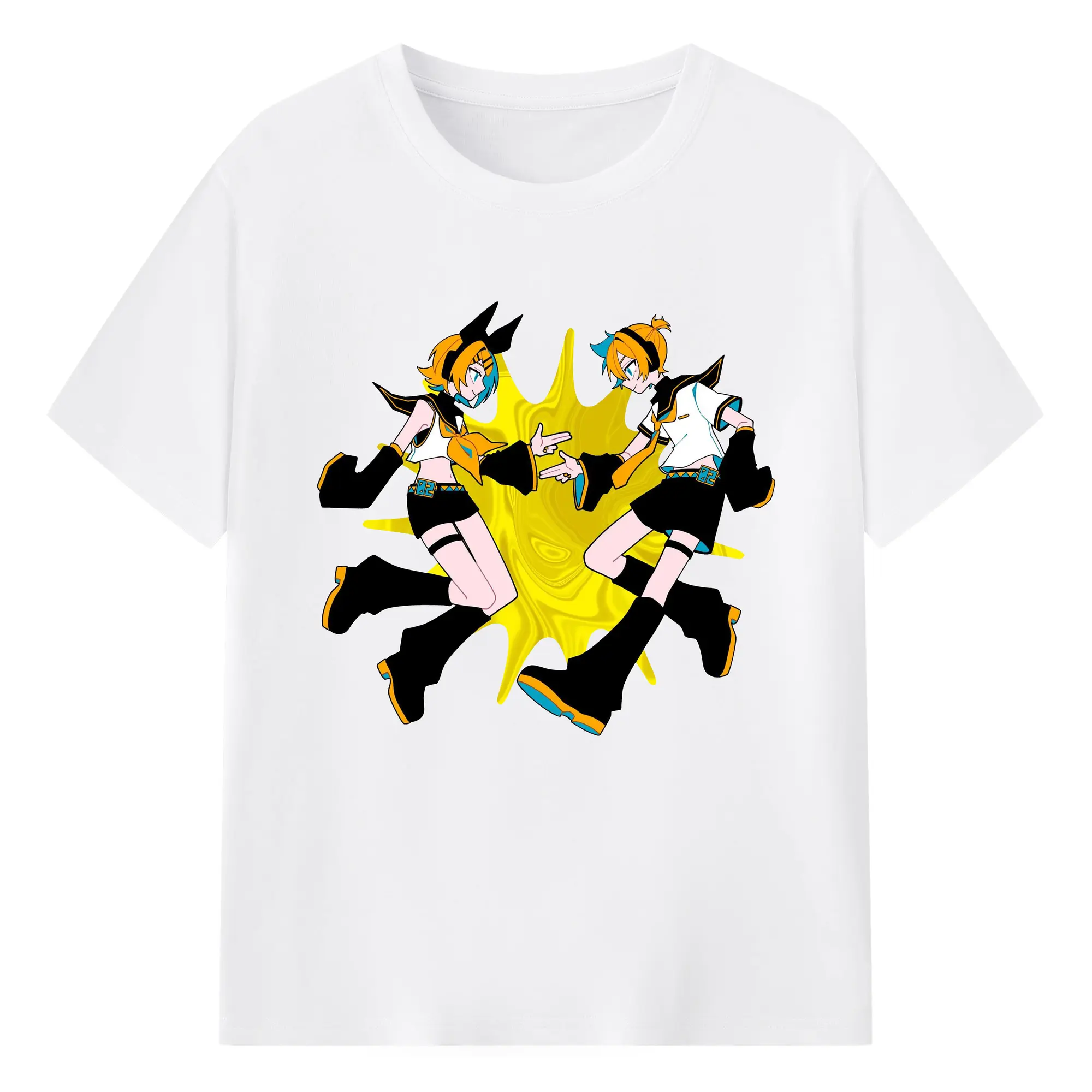 鏡音リン・レン シンプルスタイル - 綿100％ 半袖Tシャツ ・ フロントプリント ・ 快適 通気性 ・ 日常使い 散歩 スポーツ用