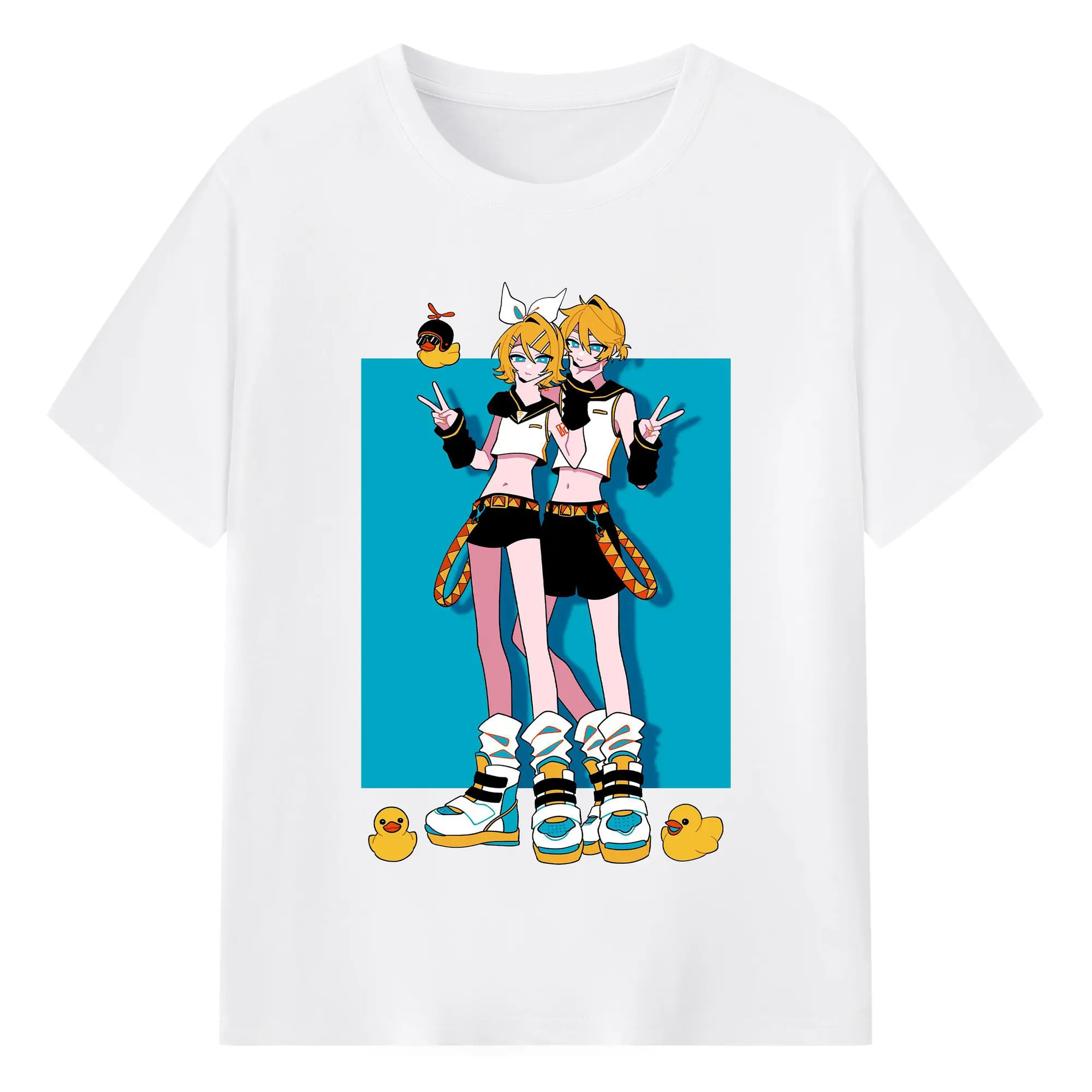 鏡音リン・レン シンプルスタイル - 綿100％ 半袖Tシャツ ・ フロントプリント ・ 快適 通気性 ・ 日常使い 散歩 スポーツ用