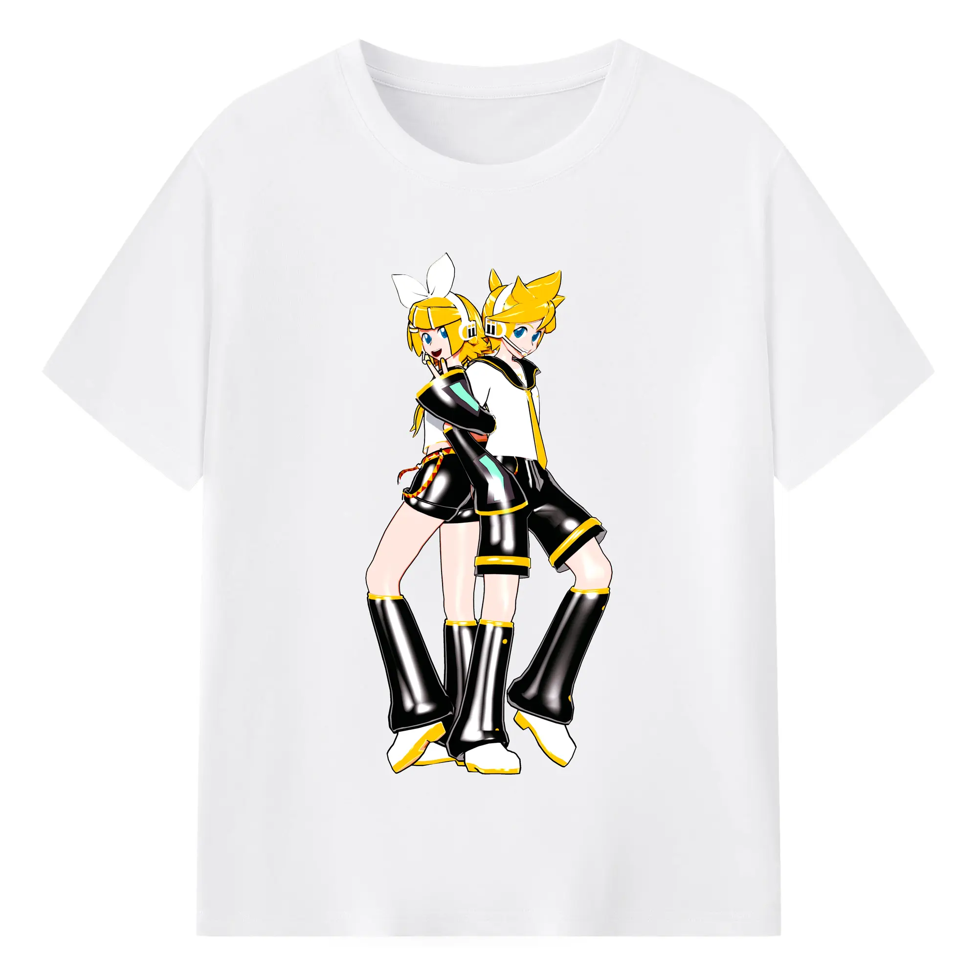 鏡音リン・レン シンプルスタイル - 綿100％ 半袖Tシャツ ・ フロントプリント ・ 快適 通気性 ・ 日常使い 散歩 スポーツ用