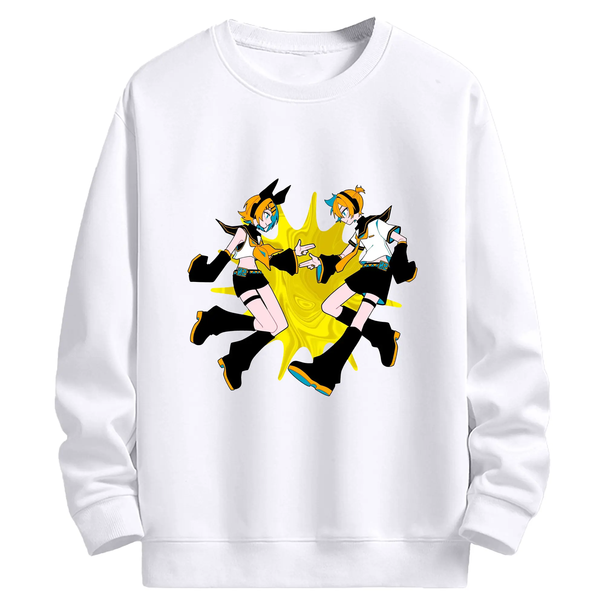 鏡音リン・レン シンプルスタイル - 高品質 クルーネック スウェット ・ コットン59％ ポリエステル41％ ・ ユニセックス 長袖 トレーナー ・ カジュアル デイリー スポーツ 散歩用