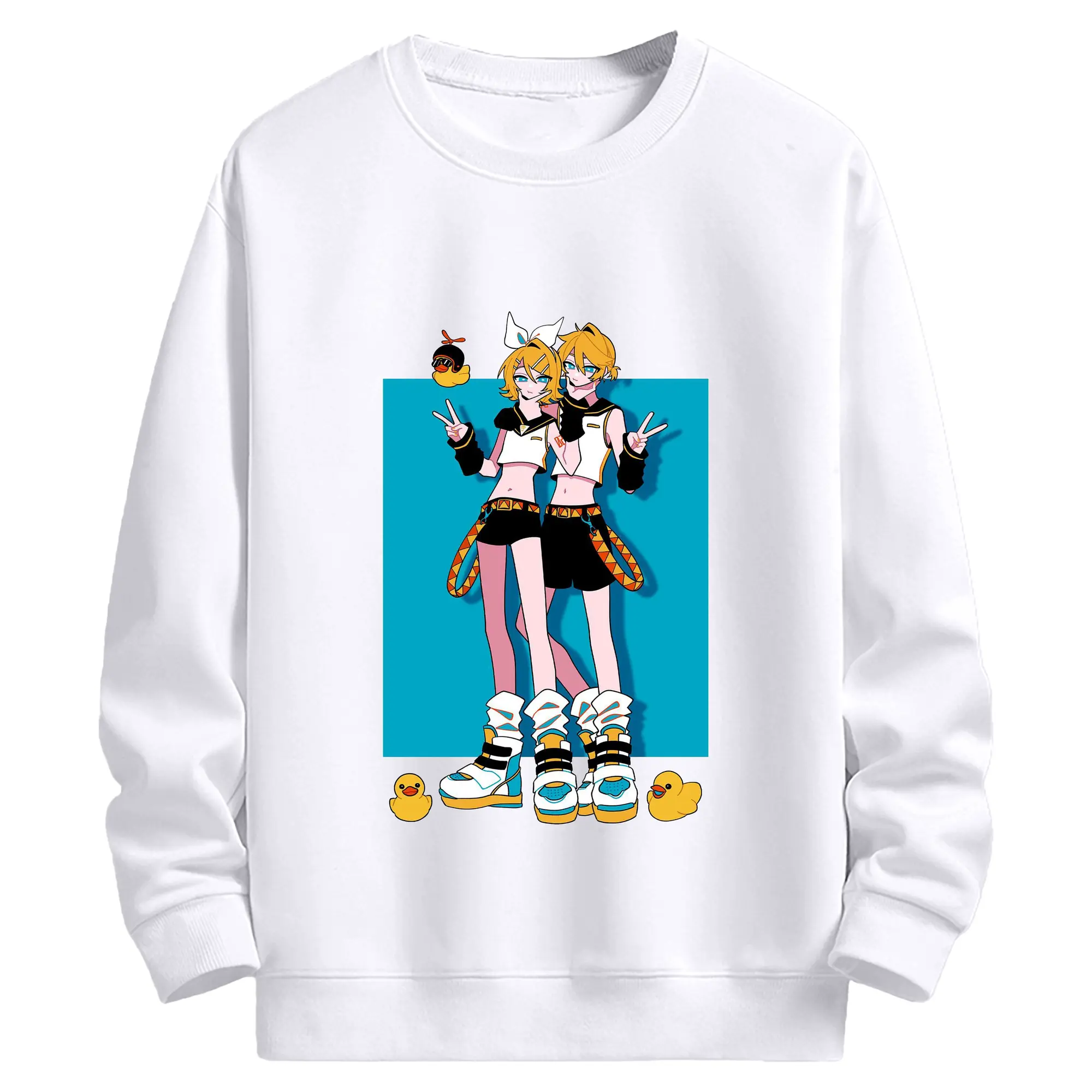 鏡音リン・レン シンプルスタイル - 高品質 クルーネック スウェット ・ コットン59％ ポリエステル41％ ・ ユニセックス 長袖 トレーナー ・ カジュアル デイリー スポーツ 散歩用