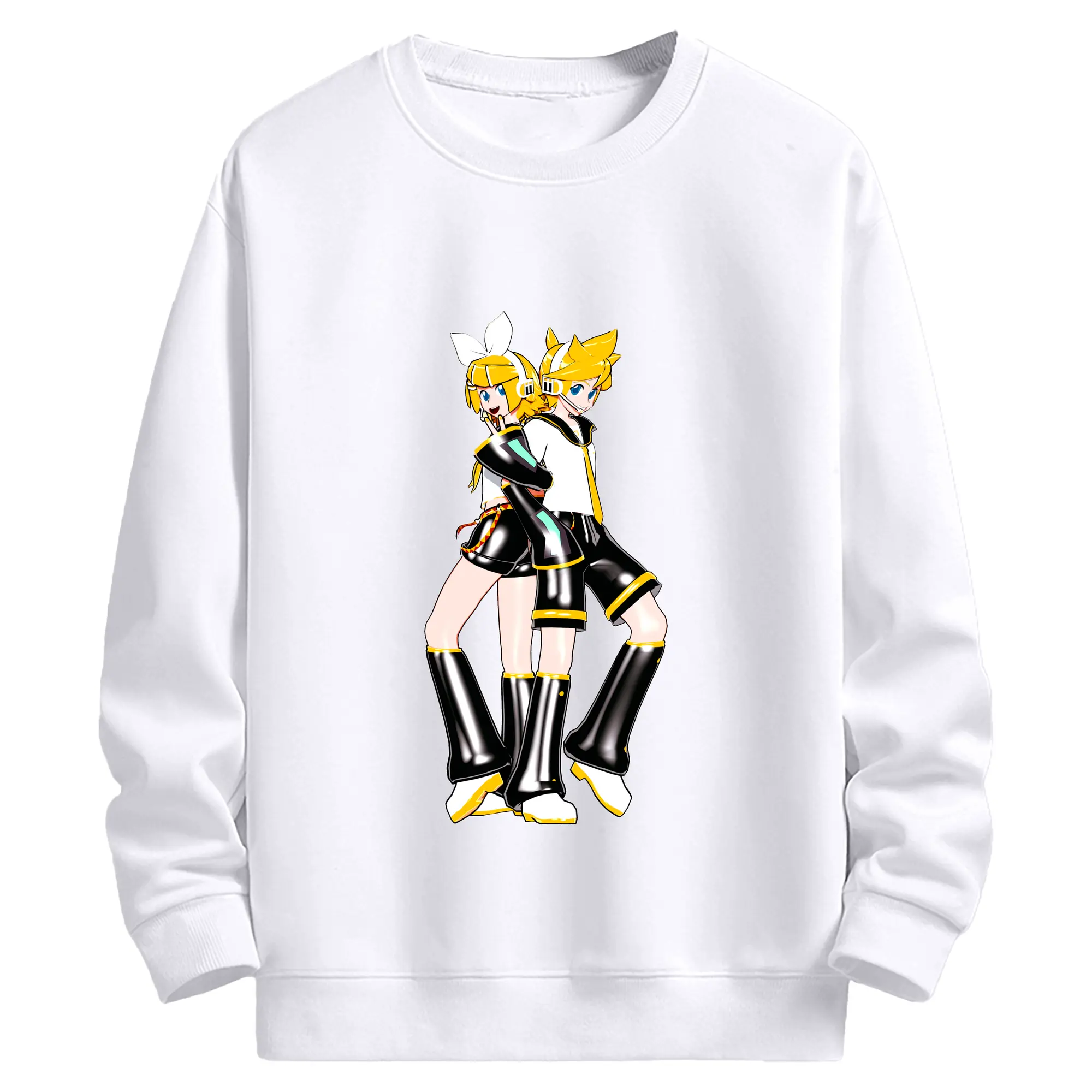 鏡音リン・レン シンプルスタイル - 高品質 クルーネック スウェット ・ コットン59％ ポリエステル41％ ・ ユニセックス 長袖 トレーナー ・ カジュアル デイリー スポーツ 散歩用