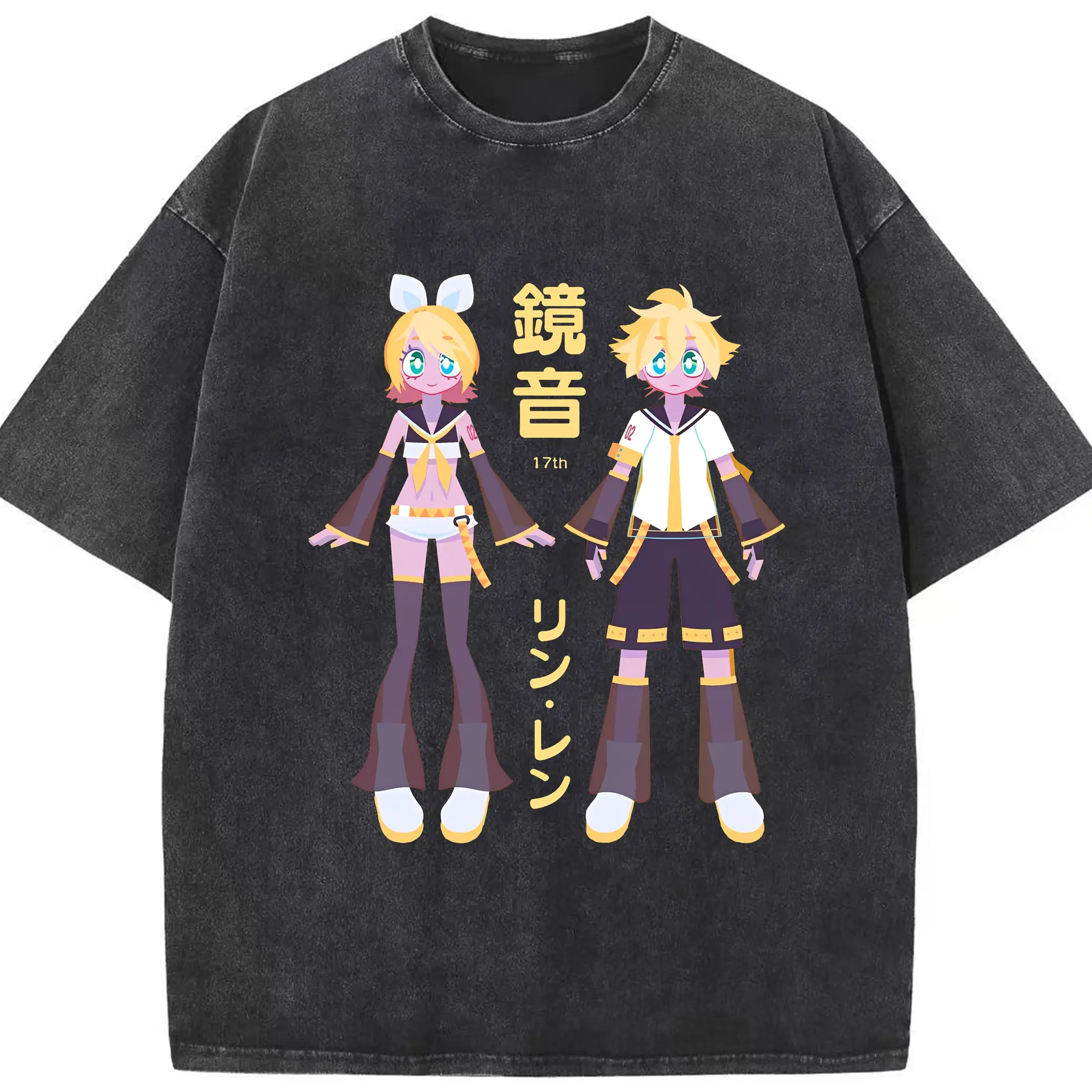 鏡音リン・レン 17th - 綿100％ ヴィンテージ風 半袖Tシャツ ・ フロントプリント ・ 柔らか肌触り ・ 通気性 快適 ・ スポーツ カジュアル 外出用